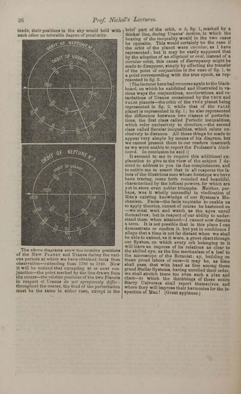 made, their positions in the 6ky would hold with each other no tolerable degree of proximity. The above diagrams show the relative positions of the New Planet and Uranus during the vari- ous periods at which we have obtained (acts from observation—extending from 1760 to 1840. Now it will be noticed that excepting at or near con- junction—the point marked by the line drawn from the contre—the relative positions of the two Planets in respect of Uranus do not, ezregiously differ: throughout the course, the kind of the perturbation must be the same in either case, except in the brief part of the orbit, a b, fig. 1, marked by a thicker line, during Uranus' motion, in which the bearing of the inequality would in the two cases be opposite. This would certainly be the case if the orbit of the planet were circular, as I have represented; but it may be easily supposed, that by the adoption of an elliptical or oval, instead of a circular orbit, this cause of discrepancy might be made to disappear, simply by effecting the transfer of the point of conjunction in the case of fig. 1, to a point corresponding with the true epoch, as rep- resented in fig. 2. [The lecturer here had recourse again to the black- board, on which he exhibited and illustrated in va- rious ways the conjunctions, accelerations, and re- tardations of Uranus occasioned by the true and false planets—the orbit of the true planet being represented in fig. 2, while that of the false planet is represented in fig. 1; he also represented the difference between two classes of perturba- tions, the first class called Periodic inequalities, which refer exclusively to direction,—the second class called Secular inequalities, which relate ex- clusively to distance. All these things he made to appear very simple by means of his diagram, but we cannot present them to our readers inasmuch as we were unable to report the Professor's black- board. In conclusion he said :] It seemed to me to require this additional ex- planation to give to the view of the subject I de- sired to address to you its due completeness, and to entitle me to assert that in all respects the la- bors of the illustrious men whose footsteps we have been tracing, come forth rounded and' beautiful, characterized by the loftiest powers, for which are yet in store even nobler triumphs. Neither, per- haps, was it wholly unneedful in vindication of Man's existing knowledge of our System's Me- chanism. Facts—the facts requisite to enable us to apply theories, cannot of course be hastened on —we must wait and watch as the ages unroll themselves ; but in respect of our ability to under- stand them when attained—I cannot now discern a term. It is not possible that in this place I can demonstrate or confirm it, but yet in confidence I allege that a time is not far distant when we shall be able to extend, «s it were, a great chart through our System, on which every orb belonging to it will leave an impress of its relations as clear to the skilled eye, as the fine mechanism of a leaf to the microscope of the Botanist; ay, building on these proud labors of ours—it may be, as time shall pass, that with hand as firm among those grand Stellar Systems, having unrolled their order, we shall stretch there too even such a plan and chart—to which the throbbings of these entire Starry Universes shall report themselves, and where they will impress their harmonies for the in- spection ol Man! (Great applause.)