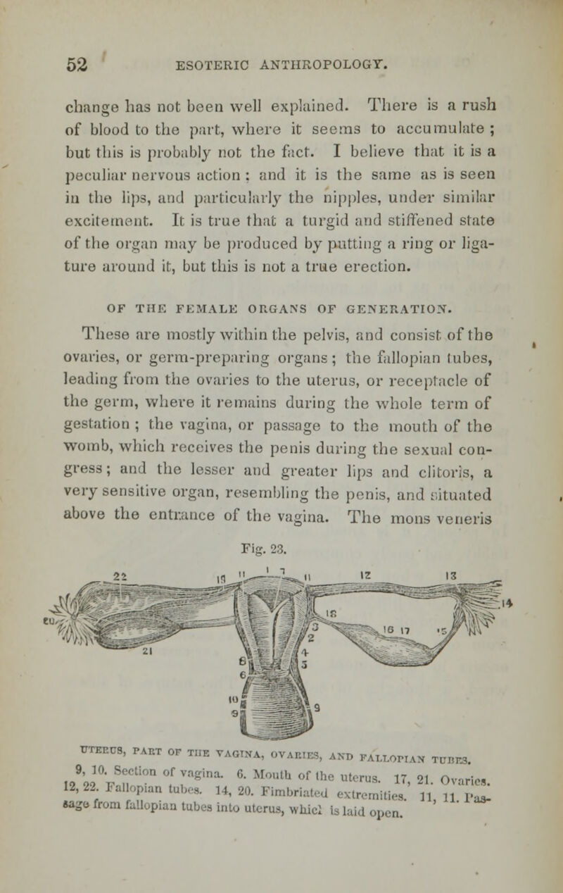 change has not been well explained. There is a rush of blood to the part, where it seems to accumulate; but this is probably not the fact. I believe that it is a peculiar nervous action : and it is the same as is seen in the lips, and particularly the nipples, under similar excitement. It is true that a turgid and stiffened state of the organ may be produced by putting a ring or liga- ture around it, but this is not a true erection. OF THE FEMALE ORGANS OF GENERATION. These are mostly within the pelvis, and consist of the ovaries, or germ-preparing organs; the fallopian lubes, leading from the ovaries to the uterus, or receptacle of the germ, where it remains during the whole term of gestation ; the vagina, or passage to the mouth of the womb, which receives the penis during the sexual con- gress; and the lesser and greater lips and clitoris, a very sensitive organ, resembling the penis, and situated above the entrance of the vagina. The mons veneris UTKEU8, PAP.T or THE TAfflHA, ova,,,:,, ,sT, rAUflKH TUBBS. 9 10 BecUon of vagina. G. Mouth of .ho uterus. IT, 21. , 12, 22 Fal op.an tub,s. 14, 20. Fimbriated extremities. 11, 11 Pa*. «ago from fallopian tubes into uterus, whici is laid open.