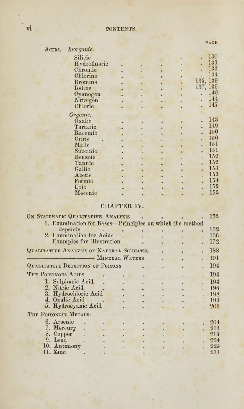 Acids.—Inorganic. Silicic Hydrofluoric Chromic Chlorine Bromine Iodine Cyanogen Nitrogen Chloric Organic. Oxalic Tartaric Racemic Citric Malic Succinic Benzoic Tannic Gallic Acetic Formic Uric Meconic CHAPTER IV PAGE . 130 . 131 . 133 . 134 135, 139 137, 139 140 144 147 148 149 150 150 151 151 152 152 153 153 154 155 155 On Systematic Qualitative Analysis .... 155 1. Examination for Bases—Principles on which the method depends ...... 162 2. Examination for Acids ..... 160 Examples for Illustration .... 172 Qualitative Analysis of Natural Silicates . . . 188 Mineral Waters . . . 191 Qualitative Detection of Poisons .... 194 The Poisonous Acids ...... 194 1. Sulphuric Acid ...... 194 2. Nitric Acid . . . . . .196 3. Hydrochloric Acid ..... 198 4. Oxalic Acid ...... 199 5. Hydrocyanic Acid ..... 201 The Poisonous Metals : 6. Arsenie ....... 204 7. Mercury ....... 213 8. Copper . . . . . . .219 9. Lead ..... .224 10. Antimony . . . . . .229 11. Zinc ..... .231