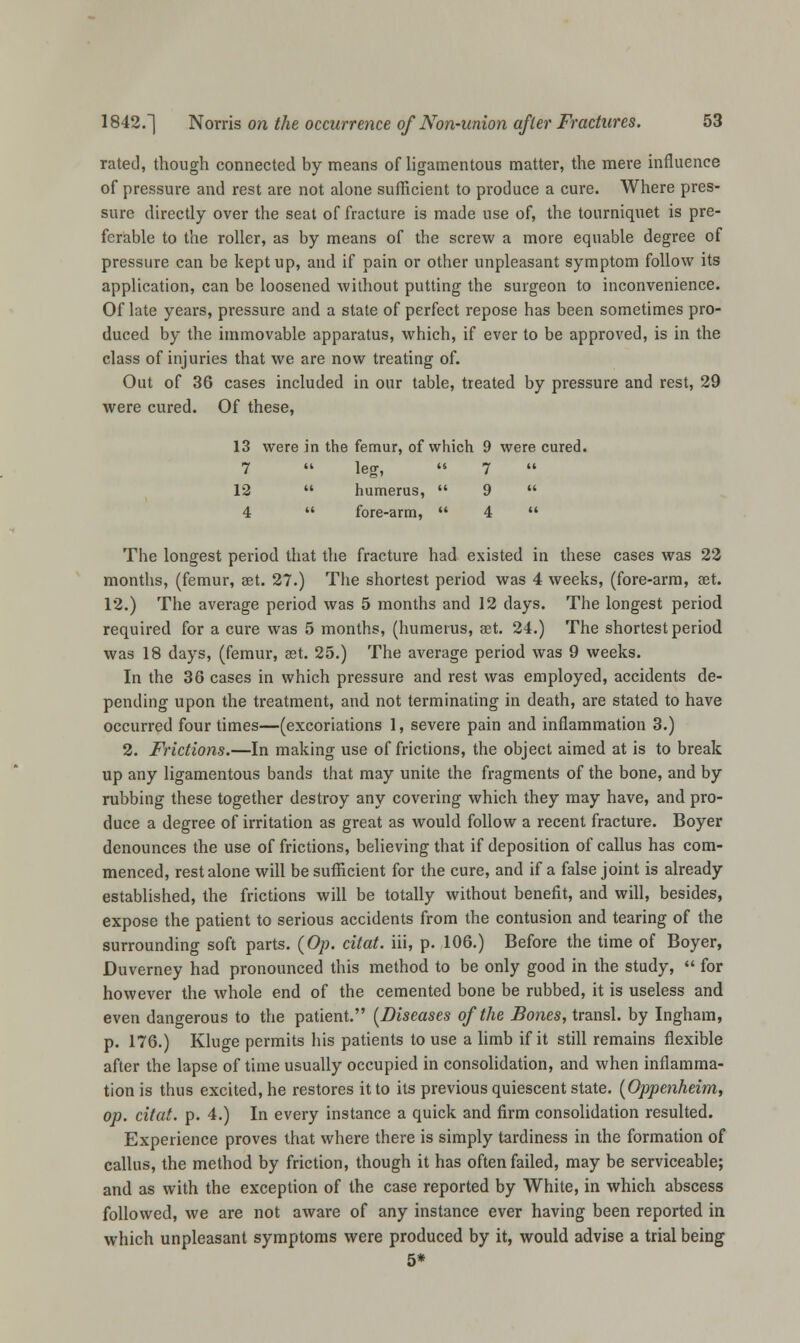 rated, though connected by means of ligamentous matter, the mere influence of pressure and rest are not alone sufficient to produce a cure. Where pres- sure directly over the seat of fracture is made use of, the tourniquet is pre- ferable to the roller, as by means of the screw a more equable degree of pressure can be kept up, and if pain or other unpleasant symptom follow its application, can be loosened without putting the surgeon to inconvenience. Of late years, pressure and a state of perfect repose has been sometimes pro- duced by the immovable apparatus, which, if ever to be approved, is in the class of injuries that we are now treating of. Out of 36 cases included in our table, treated by pressure and rest, 29 were cured. Of these, 13 were in the femur, of which 9 were cured. 7  leg,  7  12  humerus,  9  4  fore-arm,  4  The longest period that the fracture had existed in these cases was 22 months, (femur, aet. 27.) The shortest period was 4 weeks, (fore-arm, aet. 12.) The average period was 5 months and 12 days. The longest period required for a cure was 5 months, (humerus, set. 24.) The shortest period was 18 days, (femur, aat. 25.) The average period was 9 weeks. In the 36 cases in which pressure and rest was employed, accidents de- pending upon the treatment, and not terminating in death, are stated to have occurred four times—(excoriations 1, severe pain and inflammation 3.) 2. Frictions.—In making use of frictions, the object aimed at is to break up any ligamentous bands that may unite the fragments of the bone, and by rubbing these together destroy any covering which they may have, and pro- duce a degree of irritation as great as would follow a recent fracture. Boyer denounces the use of frictions, believing that if deposition of callus has com- menced, rest alone will be sufficient for the cure, and if a false joint is already established, the frictions will be totally without benefit, and will, besides, expose the patient to serious accidents from the contusion and tearing of the surrounding soft parts. (Op. citat. iii, p. 106.) Before the time of Boyer, Duverney had pronounced this method to be only good in the study,  for however the whole end of the cemented bone be rubbed, it is useless and even dangerous to the patient. (Diseases of the Bones, transl. by Ingham, p. 176.) Kluge permits his patients to use a limb if it still remains flexible after the lapse of time usually occupied in consolidation, and when inflamma- tion is thus excited, he restores it to its previous quiescent state. (Oppenheim, op. citat. p. 4.) In every instance a quick and firm consolidation resulted. Experience proves that where there is simply tardiness in the formation of callus, the method by friction, though it has often failed, may be serviceable; and as with the exception of the case reported by White, in which abscess followed, we are not aware of any instance ever having been reported in which unpleasant symptoms were produced by it, would advise a trial being 5*