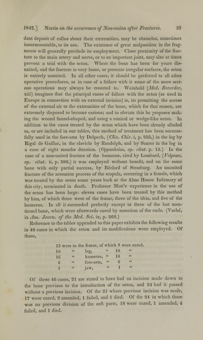 dant deposit of callus about their extremities, may be obstacles, sometimes insurmountable, to its use. The existence of great malposition in the frag- ments will generally preclude its employment. Close proximity of the frac- ture to the main artery and nerve, or to an important joint, may also at times prevent a trial with - the seton. Where the bone has been for years dis- united, and the fracture is very loose, or presents irregular surfaces, the seton is entirely unsuited. In all other cases, it should be preferred to all other operative procedures, as in case of a failure with it some of the more seri- ous operations may always be resorted to. Weinhold (71/ecZ. Recorder, xiii) imagines that the principal cause of failure with the seton (as used in Europe in connection with an external incision) is, its permitting the access of the external air to the extremities of the bone, which for that reason, are extremely disposed to become carious; and to obviate this he proposes mak- ing the wound funnel-shaped, and using a conical or wedge-like seton. In addition to the cases treated by the seton which have been already alluded to, or are included in our tables, this method of treatment has been success- fully used in the fore-arm by Delpech, {Clin. Chir. i, p. 255,) in the leg by Rigal de Gaillac, in the clavicle by Randolph, and by Saurer in the leg in a case of eight months duration. {Oppenheim, op. citat. p. 15.) In the case of a non-united fracture of the humerus, cited by Lombard, (Velpeau, op. citat. ii, p. 586,) it was employed without benefit, and on the same bone with only partial success, by Beclard of Strasburg. An ununited fracture of the acromion process of the scapula, occurring in a female, which was treated by the seton some years back at the Alms House Infirmary of this city, terminated in death. Professor Mott's experience in the use of the seton has been large: eleven cases have been treated by this method by him, of which three were of the femur, three of the tibia, and five of the humerus. In all it succeeded perfectly except in three of the last men- tioned bone, which were afterwards cured by resection of the ends. (Vache, in Jim. Journ. of the Med. Sci. ix, p. 262.) Reference to the tables appended to this paper exhibits the following results in 46 cases in which the seton and its modifications were employed. Of these, 13 were in the femur, of which 9 were cured. 10  leg,  10 « 16  humerus,  10  6  fore-arm,  6  jaw, 1 Of these 46 cases, 21 are stated to have had an incision made down to the bone previous to the introduction of the seton, and 24 had it passed without a previous incision. Of the 21 where previous incision was made, 17 were cured, 2 amended, 1 failed, and 1 died. Of the 24 in which there was no previous division of the soft parts, 18 were cured, 1 amended, 4 failed, and 1 died.