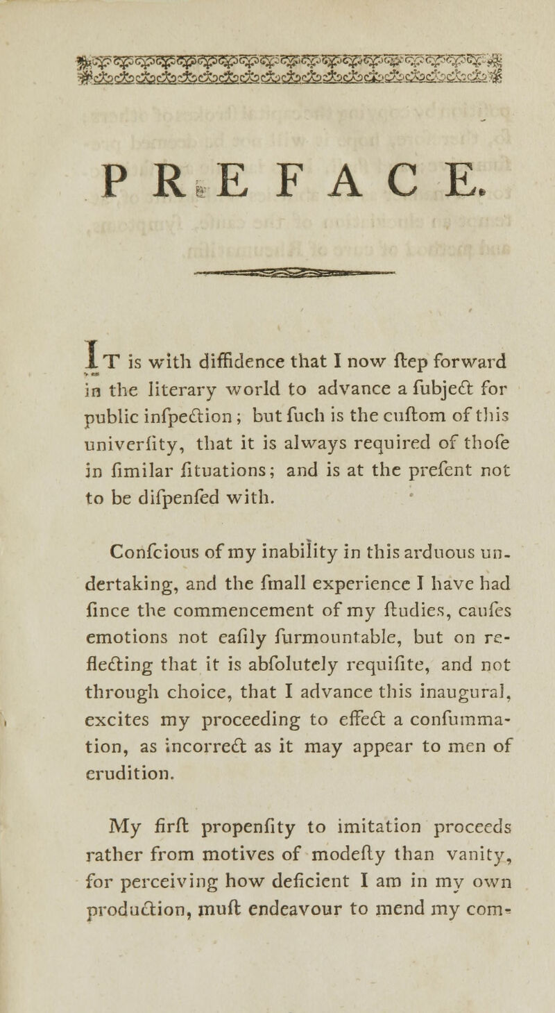 P RE FACE. XT is with diffidence that I now ftep forward in the literary world to advance a fubjett. for public infpedHon; but fuch is the cuflom of this univerlity, that it is always required of thofe in fimilar fituations; and is at the prefent not to be difpenied with. Confcious of my inability in this arduous un- dertaking, and the fmall experience I have had fince the commencement of my ftudies, caufes emotions not eafily furmountable, but on re- flecting that it is abfolutely requifite, and not through choice, that I advance this inaugural, excites my proceeding to effect a confumma- tion, as incorrect as it may appear to men of erudition. My firft propenfity to imitation proceeds rather from motives of modefty than vanity, for perceiving how deficient I am in my own production, mufl endeavour to mend my con>