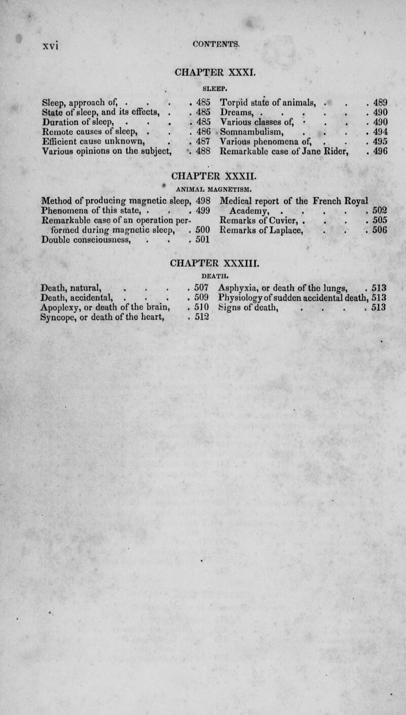 CHAPTER XXXI. SLEEP. Sleep, approach of, . State of sleep, and its effects, Duration of sleep, Remote causes of sleep, . Efficient cause unknown, Various opinions on the subject, 485 Torpid state of animals, 485 Dreams, . 485 Various classes of, • 486 Somnambulism, 487 Various phenomena of, 488 Remarkable case of Jane Rider, 489 490 490 494 495 496 CHAPTER XXXII. ANIMAL MAGNETISM. Method of producing magnetic sleep, 498 Phenomena of this state, . . . 499 Remarkable case of an operation per- formed during magnetic sleep, . 500 Double consciousness, . . . 501 Medical report of the French Royal Academy, 502 Remarks of Cuvier, .... 505 Remarks of Laplace, . . . 506 CHAPTER XXXIII. DEATH. Death, natural, .... 507 Death, accidental, .... 509 Apoplexy, or death of the brain, . 5J0 Syncope, or death of the heart, . 512 Asphyxia, or death of the lungs, . 513 Physiology of sudden accidental death, 513 kigns of death, .... 513