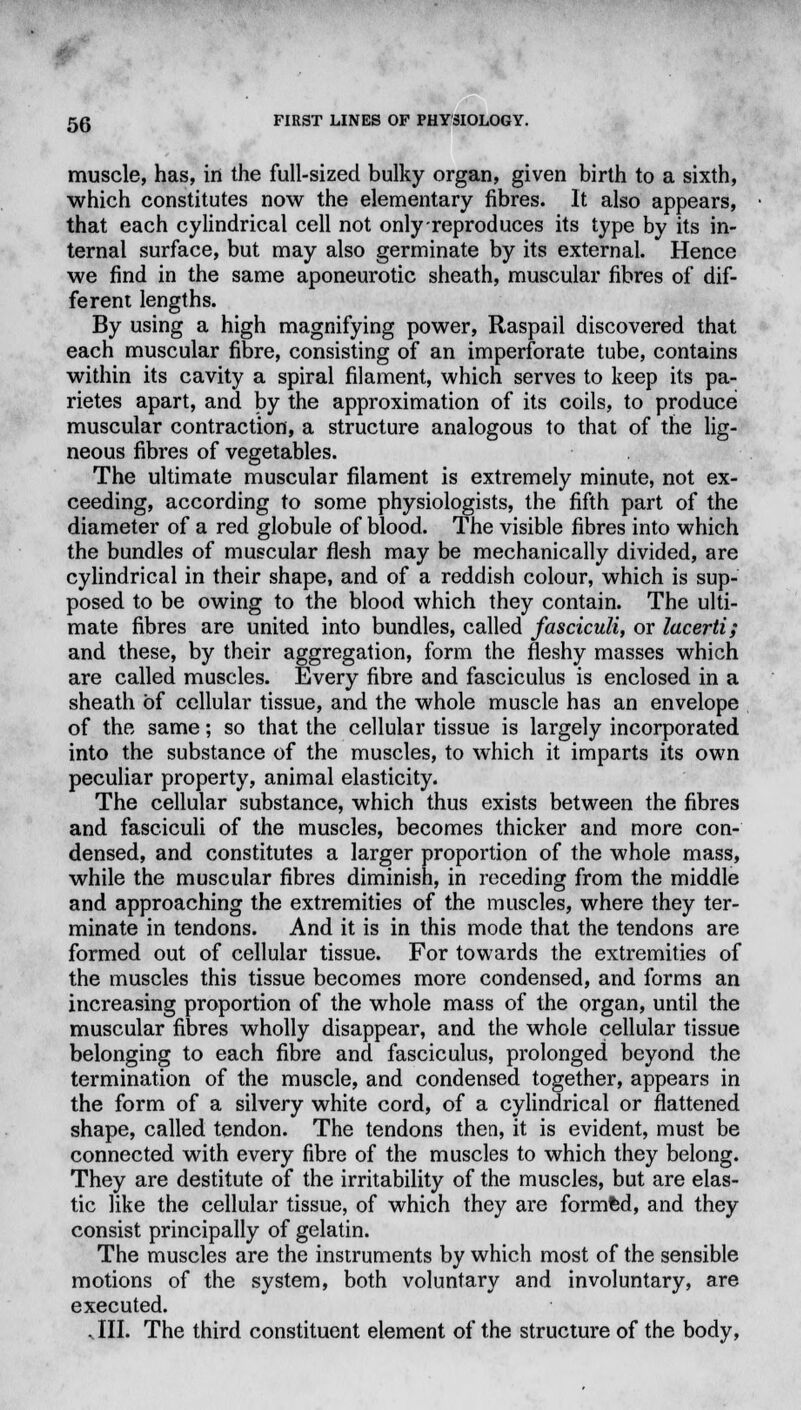 muscle, has, in the full-sized bulky organ, given birth to a sixth, which constitutes now the elementary fibres. It also appears, that each cylindrical cell not only-reproduces its type by its in- ternal surface, but may also germinate by its external. Hence we find in the same aponeurotic sheath, muscular fibres of dif- ferent lengths. By using a high magnifying power, Raspail discovered that each muscular fibre, consisting of an imperforate tube, contains within its cavity a spiral filament, which serves to keep its pa- rietes apart, and by the approximation of its coils, to produce muscular contraction, a structure analogous to that of the lig- neous fibres of vegetables. The ultimate muscular filament is extremely minute, not ex- ceeding, according to some physiologists, the fifth part of the diameter of a red globule of blood. The visible fibres into which the bundles of muscular flesh may be mechanically divided, are cylindrical in their shape, and of a reddish colour, which is sup- posed to be owing to the blood which they contain. The ulti- mate fibres are united into bundles, called fasciculi, or lacerti; and these, by their aggregation, form the fleshy masses which are called muscles. Every fibre and fasciculus is enclosed in a sheath of cellular tissue, and the whole muscle has an envelope of the same; so that the cellular tissue is largely incorporated into the substance of the muscles, to which it imparts its own peculiar property, animal elasticity. The cellular substance, which thus exists between the fibres and fasciculi of the muscles, becomes thicker and more con- densed, and constitutes a larger proportion of the whole mass, while the muscular fibres diminish, in receding from the middle and approaching the extremities of the muscles, where they ter- minate in tendons. And it is in this mode that the tendons are formed out of cellular tissue. For towards the extremities of the muscles this tissue becomes more condensed, and forms an increasing proportion of the whole mass of the organ, until the muscular fibres wholly disappear, and the whole cellular tissue belonging to each fibre and fasciculus, prolonged beyond the termination of the muscle, and condensed together, appears in the form of a silvery white cord, of a cylindrical or flattened shape, called tendon. The tendons then, it is evident, must be connected with every fibre of the muscles to which they belong. They are destitute of the irritability of the muscles, but are elas- tic like the cellular tissue, of which they are formfed, and they consist principally of gelatin. The muscles are the instruments by which most of the sensible motions of the system, both voluntary and involuntary, are executed. JII. The third constituent element of the structure of the body,
