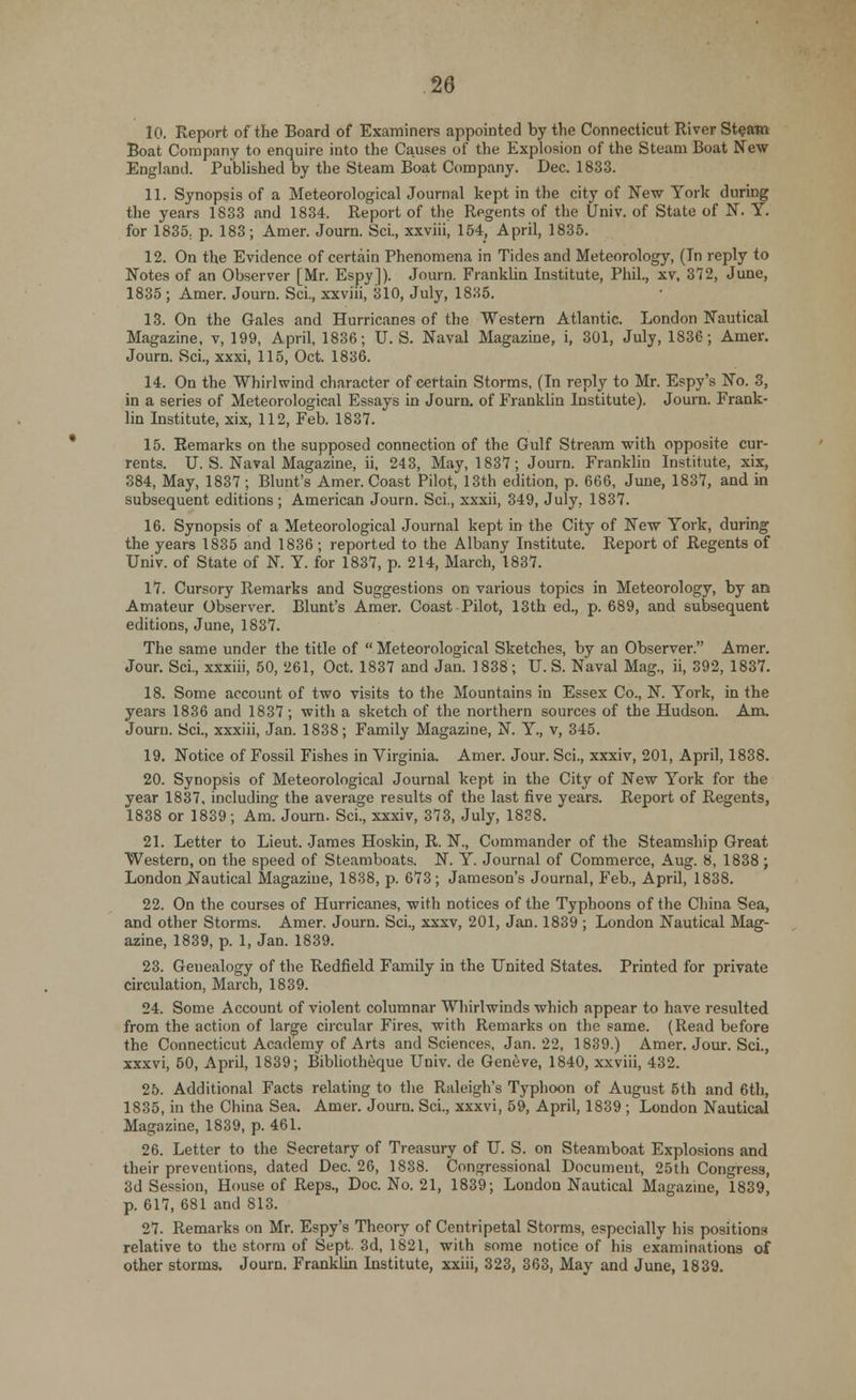 10. Report of the Board of Examiners appointed by the Connecticut River Steam Boat Company to enquire into the Causes of the Explosion of the Steam Boat New England. Published by the Steam Boat Company. Dec. 1833. 11. Synopsis of a Meteorological Journal kept in the city of New York during the years 1833 and 1834. Report of the Regents of the Univ. of State of N. Y. for 1835. p. 183; Amer. Journ. Sci., xxviii, 154, April, 1835. 12. On the Evidence of certain Phenomena in Tides and Meteorology, (Tn reply to Notes of an Observer [Mr. Espy]). Journ. Franklin Institute, Phil., xv, 372, June, 1835 ; Amer. Journ. Sci., xxviii, 310, July, 1835. 13. On the Gales and Hurricanes of the Western Atlantic. London Nautical Magazine, v, 199, April, 1836; U. S. Naval Magazine, i, 301, July, 1836; Amer. Journ. Sci., xxxi, 115, Oct. 1836. 14. On the Whirlwind character of certain Storms, (In reply to Mr. Espy's No. 3, in a series of Meteorological Essays in Journ. of Franklin Institute). Journ. Frank- lin Institute, xix, 112, Feb. 1837. 15. Remarks on the supposed connection of the Gulf Stream with opposite cur- rents. U. S. Naval Magazine, ii, 243, May, 1837; Journ. Franklin Institute, xix, 384, May, 1837; Blunt's Amer. Coast Pilot, 13th edition, p. 666, June, 1837, and in subsequent editions ; American Journ. Sci., xxxii, 349, July, 1837. 16. Synopsis of a Meteorological Journal kept in the City of New York, during the years IS35 and 1836; reported to the Albany Institute. Report of Regents of Univ. of State of N. Y. for 1837, p. 214, March, 1837. 17. Cursory Remarks and Suggestions on various topics in Meteorology, by an Amateur Observer. Blunt's Amer. Coast Pilot, 13th ed., p. 689, and subsequent editions, June, 1837. The same under the title of  Meteorological Sketches, by an Observer. Amer. Jour. Sci., xxxiii, 50, 261, Oct. 1837 and Jan. 1838; U. S. Naval Mag., ii, 392, 1837. 18. Some account of two visits to the Mountains in Essex Co., N. York, in the years 1836 and 1837; with a sketch of the northern sources of the Hudson. Am, Journ. Sci., xxxiii, Jan. 1838; Family Magazine, N. Y., v, 345. 19. Notice of Fossil Fishes in Virginia. Amer. Jour. Sci., xxxiv, 201, April, 1838. 20. Synopsis of Meteorological Journal kept in the City of New York for the year 1837, including the average results of the last five years. Report of Regents, 1838 or 1839; Am. Journ. Sci., xxxiv, 373, July, 1838. 21. Letter to Lieut. James Hoskin, R. N., Commander of the Steamship Great Western, on the speed of Steamboats. N. Y. Journal of Commerce, Aug. 8, 1838 ; London Nautical Magazine, 1838, p. 673; Jameson's Journal, Feb., April, 1838. 22. On the courses of Hurricanes, with notices of the Typhoons of the China Sea, and other Storms. Amer. Journ. Sci., xxxv, 201, Jan. 1839 ; London Nautical Mag- azine, 1839, p. 1, Jan. 1839. 23. Genealogy of the Redfield Family in the United States. Printed for private circulation, March, 1839. 24. Some Account of violent columnar Whirlwinds which appear to have resulted from the action of large circular Fires, with Remarks on the same. (Read before the Connecticut Academy of Arts and Sciences, Jan. 22, 1839.) Amer. Jour. Sci., xxxvi, 50, April, 1839; Bibliotheque Univ. de Geneve, 1840, xxviii, 432. 25. Additional Facts relating to the Raleigh's Typhoon of August 5th and 6th, 1835, in the China Sea. Amer. Journ. Sci., xxxvi, 59, April, 1839 ; London Nautical Magazine, 1839, p. 461. 26. Letter to the Secretary of Treasury of U. S. on Steamboat Explosions and their preventions, dated Dec. 26, 1838. Congressional Document, 25th Congress, 3d Session, House of Reps., Doc. No. 21, 1839; London Nautical Magazine, 1839, p. 617, 681 and 813. 27. Remarks on Mr. Espy's Theory of Centripetal Storms, especially his positions relative to the storm of Sept. 3d, 1821, with some notice of his examinations of other storms. Journ. Franklin Institute, xxiii, 323, 363, May and June, 1839.