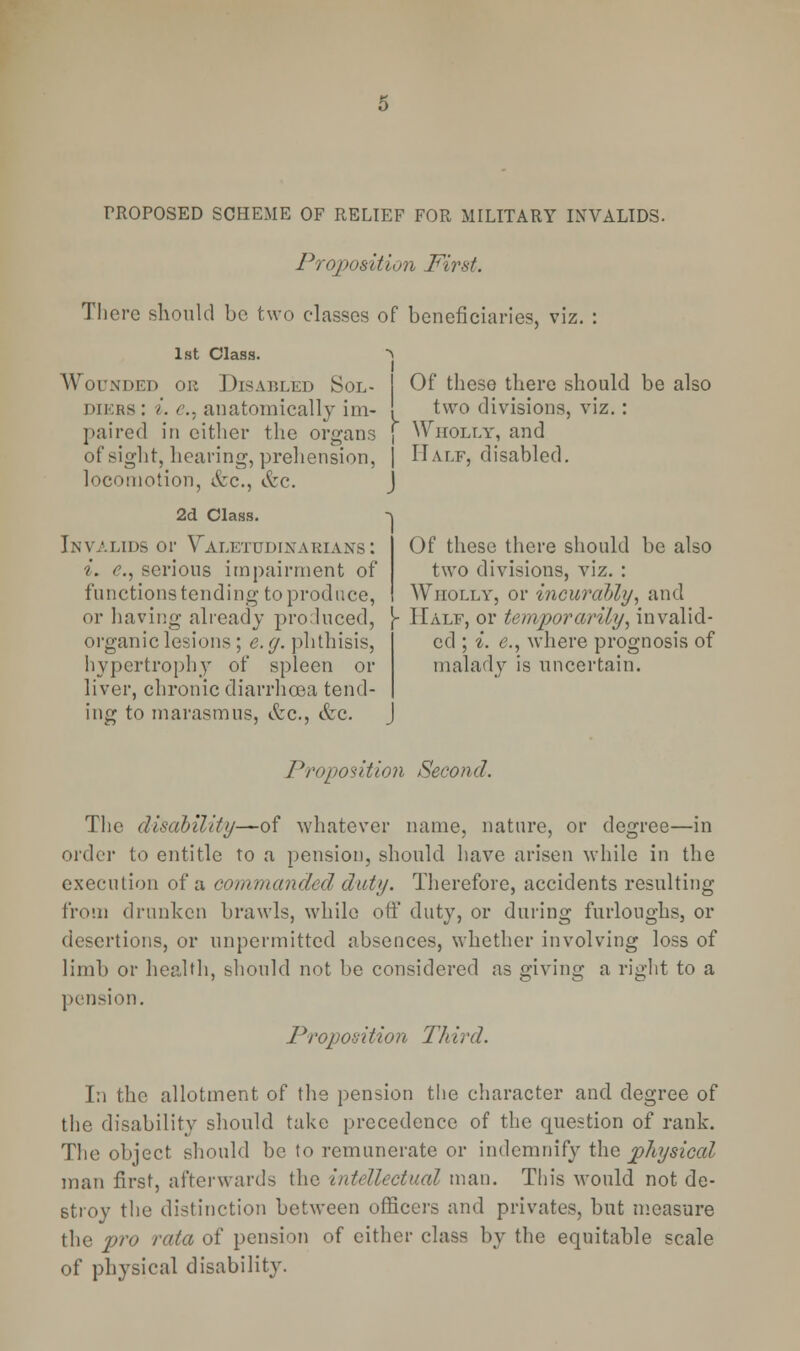 PROPOSED SCHEME OF RELIEF FOR MILITARY INVALIDS. Proposition First. There should be two classes of beneficiaries, viz. : 1st Class. > Wounded or Disabled Sol- Of these there should be also diers : i. e., anatomically im- ! two divisions, viz.: paired in either the organs \ Wholly, and of sight, hearing, prehension, j Half, disabled, locomotion, &c, &c. J 2d Class. Invalids or Valetudinarians: i. <?., serious impairment of functions tending to produce, Of these there should be also two divisions, viz. : Wholly, or incurably, and or having already produced, \- Half, or temporarily, invalid- organic lesions ; e.g. phthisis, hypertrophy of spleen or liver, chronic diarrhoea tend- ing to marasmus, &c, &c. ed ; *. e., where prognosis of malady is uncertain. Proposition Second. The disability—of whatever name, nature, or degree—in order to entitle to a pension, should have arisen while in the execution of a commanded duty. Therefore, accidents resulting from drunken brawls, while off duty, or during furloughs, or desertions, or unpermitted absences, whether involving loss of limb or health, should not be considered as giving a right to a pension. Proposition Third. In the allotment of the pension the character and degree of the disability should take precedence of the question of rank. The object should be to remunerate or indemnify the physical man first, afterwards the intellectual man. Tin's would not de- stroy the distinction between officers and privates, but measure the pro rata of pension of either class by the equitable scale of physical disability.