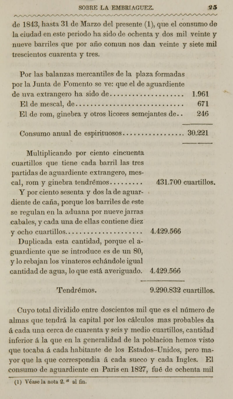 de 1843, hasta 31 de Marzo del presente (1), que el consumo de la ciudad en este periodo ha sido de ochenta y dos mil veinte y nueve barriles que por año común nos dan veinte y siete mil trescientos cuarenta y tres. Por las balanzas mercantiles de la plaza formadas por la Junta de Fomento se ve: que el de aguardiente de uva extrangero ha sido de 1.961 El de mescal, de 671 El de rom, ginebra y otros licores semejantes de.. 246 Consumo anual de espirituosos 30.221 Multiplicando por ciento cincuenta cuartillos que tiene cada barril las tres partidas de aguardiente extrangero, mes- cal, rom y ginebra tendremos 431.700 cuartillos. Y por ciento sesenta y dos la de aguar- diente de caña, porque los barriles de este se regulan en la aduana por nueve jarras cabales, y cada una de ellas contiene diez y ocho cuartillos 4.429.566 Duplicada esta cantidad, porque el a- guardiente que se introduce es de un 80, y lo rebajan los vinateros echándole igual cantidad de agua, lo que está averiguado. 4.429.566 Tendremos. 9.290.832 cuartillos. Cuyo total dividido entre doscientos mil que es el número de almas que tendrá la capital por los cálculos mas probables da á cada una cerca de cuarenta y seis y medio cuartillos, cantidad inferior á la que en la generalidad de la población hemos visto que tocaba á cada habitante de los Estados-Unidos, pero ma- yor que la que correspondía á cada sueco y cada Ingles. El consumo de aguardiente en Paris en 1827, fué de ochenta mil