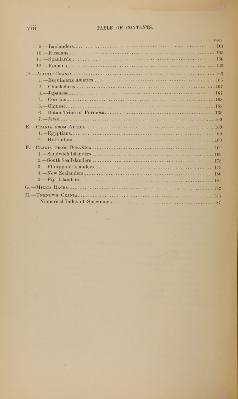 PAGE. '.).—Laplanders 104 10. —Russians 168 11. —Spaniards... l(ili 112.—Romans 166 D. —Asiatic Crania 166 1. —Esquimaux Asiatics 106 2. —Chuckchees 167 3. —Japanese 167 4. —Coreans 168 5. —Chinese 168 6. —Botan Tribe of Formosa 168 7. —Jews 169 E. —Crania from Africa 169 1. —Egyptians 169 2. —Hottentots I(i9 F. —Crania from Oceanica 169 1. —Sandwich Islanders ., 169 2. —South Sea Islanders 178 3. —Philippine Islanders 17<l 1.—New Zealanders 1$0 .>.—Fiji Islanders 181 G. —Mixed Races 182 H. —Unknowii Crania 183 Numerical Index of Specimens 187