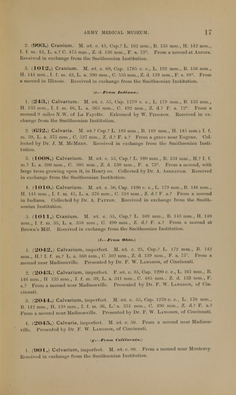 2. (993.) Cranium. M. Bet. c. 15, Cap.? L. 162 nun., B. 135 nun., H. 142 mm., I. f. m. 43, L. a.? C. 475 mm-, Z. d. 136 mm., F. a. 73°. From a mound at Aurora. Received in exchange from the Smithsonian Institution. 3. (1012.) Cranium. M. ret. o. 60, Cap. L785 c. c, L. 192 nun., B. 156 mm., H. 144 mm., I. f. m. 43, L. a. 390 mm., C. 555 mm., Z. d. 139 mm., F. a. 88°. From a mound in Illinois. Received iu exchange from the Smithsonian Institution. (e.—J-'rom Mndlana*) 1. (243.) Calvarium. M. at. c. 55, Cap. 1270 c. c, L. 17'.» mm., B. 133 mm., H. 133 mm., I. f. m. 40, L. a. 365 mm., C. 492 mm., Z. d.? F. a. 72°. From a mound 9 miles N. W. of La Fayette. Exhumed hy W. Pidgeon. Received in ex- change from the Smithsonian Institution. 2. (632.) Calvaria. M. ret.? Cap.'.'' L. 183 mm., B. 119 mm., H. 145 mm.; I. f. m. 39, L. a. 375 mm., C. 527 mm., Z. d.? F. a.? From a grave near Eugene. Col- lected hy Dr. J. M. McMeen. Received in exchange from the Smithsonian Insti- tution. 3. (1008.) Calvarium. M. ret. <•. 55, Cap.? L. 180 nun., B. 134 mm., H.? I. f. in.? L. a. 380 mm., C. 505 mm., Z. d. 130 mm., F. a. 73°. From a mound, with large trees growing upon it, in Henry co. Collected hy Dr. A. Ashuaugh. Received iu exchange from the Smithsonian Institution. I ( 1 O I O.) Calvarium. M. ret. c. 50, Cap. 1490 c. c.,L. 179 mm., B. 146 mm., II. Ill mm., I. f. m. 45, L. a. 37<; nun., C. 518 nun , Z. d.? P. a.? From a mound iu Iudiana. Collected hy Dr. A. Patton. Received in exchange from the Smith- sonian Institution. 5. (1011.) Cranium. M. at. c. 55, Cap.? L. 169 mm., J'.. 143 mm., H. 140 mm., I. f. m. 35, L. a. 358 mm., C. 490 mm., Z. d.? F. a.? From a mound at Brown's Mill. Received in exchange from the Smithsonian Institution. (f.—M-'rom Ohto.) 1. (2042.) Calvarium, imperfect. M. at. C. 25, Cap.? I;. 172 nun., B. 142 mm., H.? I. f. m.? L. a. 360 mm., C. 502 mm., Z. d. 139 mm., F. a. 75°. From a mound near Madisonville. Presented hy Dr. F. W. Langdon, of Cincinnati. 2. (204-3.) Calvarium, imperfect. F. ret. c. 35, Cap. 1290 c. c, L. 101 mm., B. lie, mm., II 133 mm., I. f. in. 39, L. a. ..11 mm., C. 185 mm., X. d. 133 mm., F. a.? From a mound near Madisonville. Presented by Dr. F. W. Langdon, of Cin- cinnati. 3. (2044.) Calvarium, imperfect. M. ret. c. 55, Cap. 1270 c. c, L. 170 mm., B. M2 i., 11. 138 mm., I. f. m. 30, L.* a. 351 mm., ('. 190 mm., Z. d.? F. a.? From a mound near Madisonville. Presented by Dr. F. W. Langdon, of Cincinnati. I. (-2045.) Calvaria, imperfect. M. at. c. 50. From a mound near Madison- ville. Presented by Dr. F. W. Langdon, of Cincinnati. (g-.—F^rom California* 1. (OOl.) Calvarium, imperfect. M. at. c. 80. From a mound near Monterey Received in exchange from the Smithsonian Institution.