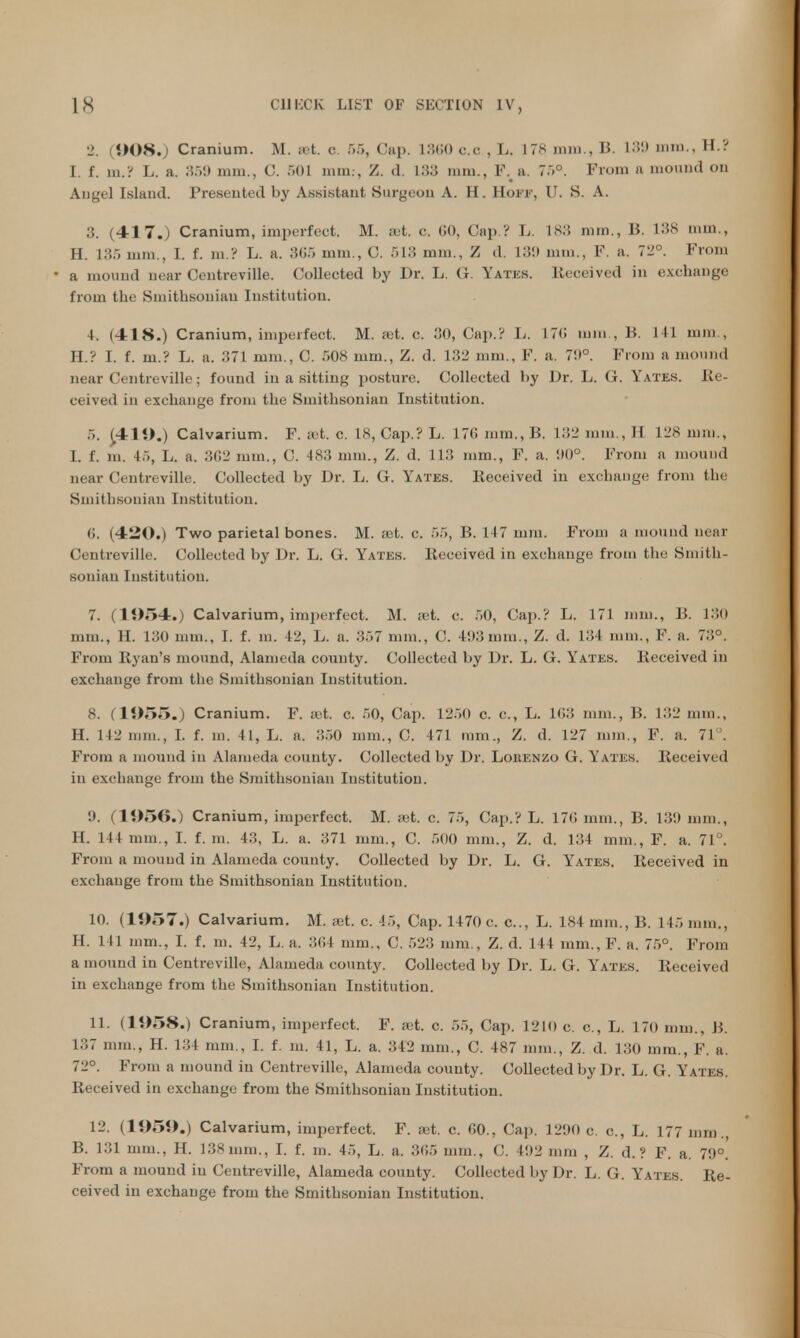 2. (908.) Cranium. M. set. c. 55, Cap. I860 c.o . L. 178 mm., B. L39 nun.. H.? I. f. m.? L. a. 359 mm., C. 501 mm:, Z. d. 133 mm., P. a. 75°. From a mound on Angel Island. Presented by Assistant Surgeon A. H. Hoff, U. S. A. 3. (417.) Cranium, imperfect. M. ait. e, 60, Cap.? L. L83 mm., B. L38 mm., H. 185 mm., I. f. m ? L. a. 865 mm., C. 513 mm., Z d. 13!) mm., P. a. 72°. From • a mound near Centreville. Collected by Dr. L. G. Yates. Received in exchange from the Smithsonian Institution. 4. (418.) Cranium, imperfect. M. ;et. c. 30, Cap.? L. 17(5 mm . B. 141 mm., H. ? I. f. m.? L. a. 371 mm., C. 508 mm., Z. d. 132 mm., F. a. 7!)°. From a mound near Centreville; found in a sitting posture. Collected by Dr. L. G. Yates. Re- ceived in exchange from the Smithsonian Institution. 5. £41 J).) Calvarium. F. set. c. 18, Cap.? L. 176 mm., B. 132 mm., II 128 mm., I. f. m. 45, L. a. 362 nun., C. 483 mm., Z. d. 113 mm., P. a. 90°. From a mound near Centreville. Collected by Dr. L. G. Yates. Received in exchange from the Smithsonian Institution. G. (420.) Two parietal bones. M. ret. c. 55, B. 147 mm. From a mound near Centreville. Collected by Dr. L. G. Yates. Received in exchange from the Smith- sonian Institution. 7. (1954.) Calvarium, imperfect. M. ret. c. 50, Cap.? L. 171 mm., B. 130 mm., H. L30 mm., T. f. m. 42, L. a. 357 mm., C. 493mm., Z. d. 134 mm., F. a. 73°. From Ryan's mound, Alameda county. Collected by Dr. L. G. Yates. Received in exchange from the Smithsonian Institution. 8. (1955.) Cranium. F. ret. c. 50, Cap. 1250 c. c, L. 163 mm., B. 132 mm., H. 112 mm., I. f. m. 41, L. a. 350 mm., C. 471 mm., Z. d. 127 mm., F. a. 71. From a mound in Alameda county. Collected by Dr. Lorenzo G. Yates. Received in exchange from the Smithsonian Institution. 9. (1956.) Cranium, imperfect. M. a t. c. 75, Cap.? L. 176 mm., B. 13!) mm., H. 144 mm., I. f. m. 43, L. a. 371 mm., C. 500 mm., Z. d. 134 mm., F. a. 71°. From a mound in Alameda county. Collected by Dr. L. G. Yates. Received in exchange from the Smithsonian Institution. 10. (1957.) Calvarium. M. ret. c. 45, Cap. 1470 c. c, L. 184 mm., B. 145 mm., H. 141 mm., I. f. in. 42, L. a. .»(i4 mm., C. 523 mm., Z. d. 144 mm., F. a. 75°. From a mound in Centreville, Alameda county. Collected by Dr. L. G. Yates. Received in exchange from the Smithsonian Institution. 11. (1958.) Cranium, imperfect. F. ret. c. 55, Cap. 1210 c. c, L. 170 mm., B. 137 mm., H. 134 mm., I. f. m. 41, L. a. 342 mm., C. 487 mm., Z. d. 130 mm., P. a. 72°. From a mound in Centreville, Alameda county. Collected by Dr. L. G. Yates. Received in exchange from the Smithsonian Institution. 12. (1959.) Calvarium, imperfect. F. ret. c. 60., Cap. 1290 c. c, L. 177 mm., B. 131 mm., H. 138mm., I. f. in. 45, L. a. 365 mm., C. 492 mm , Z. d. ? F. a. 79°. From a mound in Centreville, Alameda county. Collected by Dr. L. G. Yates. Re- ceived in exchange from the Smithsonian Institution.