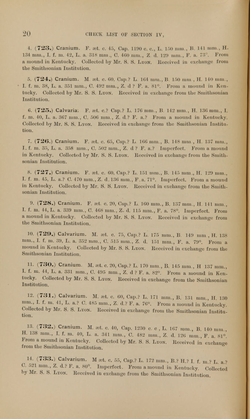 4. (723.) Cranium. F. at. c. 15, Cap. L190 c. c, L. L50 mm., B. Ill mm., H. 134 rum., I. f. m. 42, L. a. 818 mm., C. 460 mm., Z d. 129 mm., F. a. 73°. From a mound in Kentucky. Collected by Mr. S. S. Lyon. Received in exchange from the Smithsonian Institution. .>. (724.) Cranium. M ;et. c. 60, Cap.? L L64 mm., IV 150 mm . II. I 10 mm., I. f. m. 38, L. a. 351 mm., C. 4!>2 mm., Z. d ? F. a. 81°. From a mound in Ken- tacky. Collected by Mr. S. S. Lyon, Received in exchange from the Smithsonian Institution. 6. (725.) Calvaria. F. a;t. c? Cap.? L. 17(5 mm., B. 142 mm., H. 136 mm., I. f. m. 40, L. a. 367 mm., C. 506 mm., Z. d.? F. a.? From a mound in Kentucky. Collected by Mr. S. S. Lyon. Received in exchange from the Smithsonian Institu- tion. 7. (726.) Cranium. F. a t, c. 65, Cap.? L. 166 mm., B. 148 mm , H. 137 mm., I. f. m. 35, L. a. 358 mm., C. 502 mm., Z. d ? F. a.? Imperfect. From a mound in Kentucky. Collected by Mr. S. S. Lyon. Ileccived in exchange from the Smith- sonian Institution. 8. (727.) Cranium. F. set. c. 60. Cap.? L. 151 mm., B. 145 mm., II. 129 mm., I. f. m. 45, L. a.? C. 470 mm., Z. d. 131! mm., F.a. 71°. Imperfect. From a mound in Kentucky. Collected by Mr. S. S. Lyon, lieceived in exchange from the Smith- sonian Institution. 9. (728.) Cranium. F. set. c. 20, Cap.? L. 160 mm., B. 137 mm., H. 141 mm., I. f. m. 44, L. a. 33!) mm., C. 468 mm., Z. d. 115 mm., F. a. 78°. Imperfect. From a mound in Kentucky. Collected by Mr. S. S. Lyon. Received in exchange from the Smithsonian Institution. 10. (729.) Calvarium. M. ;et. c. 75, Cap.? L. 175 mm., B. 14!) mm , H. 138 mm., I. f. m. 39, L. a. 352 mm., C. 515 mm., Z. d. 151 mm., F. a. 7!)°. From a mound in Kentucky. Collected by Mr. S. S. Lyon. Received in exchange from the Smithsonian Institution. 11. (736.) Cranium. M. iet. c. 20, Cap.? L. 170 mm., B. 145 mm., H 137 mm., I. f. m. 44, L. a. 331 mm., C. 495 mm., Z. d ? F. a. 82°. From a mound in Ken- tucky. Collected by Mr. S. S. Lyon. Received in exchange from the Smithsonian Institution. 12. (731.) Calvarium. M. xt. c. 60, Cap.? L. 171 mm., B. 131 mm., H. 130 mm., I. f. m. 41, L. a.? C. 485 mm., Z. d.? F. a. 76°. From a mound in Kentucky. Collected by Mr. S. S. Lyon. Received in exchange from the Smithsonian Institu- tion. L3. - 732.) Cranium. M. ait. c. 40, Cap. 1230 c. c , L. 167 mm., B. 14() mm., H. 138 mm., I. f. m. 40, L. a. 341 mm., C. 482 mm., Z. d. 126 mm F a Sl° From a mound in Kentucky. Collected by Mr. S. S. Lyon. Received in exchange from the Smithsonian Institution. 11. (733.) Calvarium. M act. c. 55, Cap.? L. 172 mm., B.? H.? I. f. m.? L a ? C. 521 mm., Z. d.? F. a. 80°. Imperfect. From a mound in Kentucky. Collected