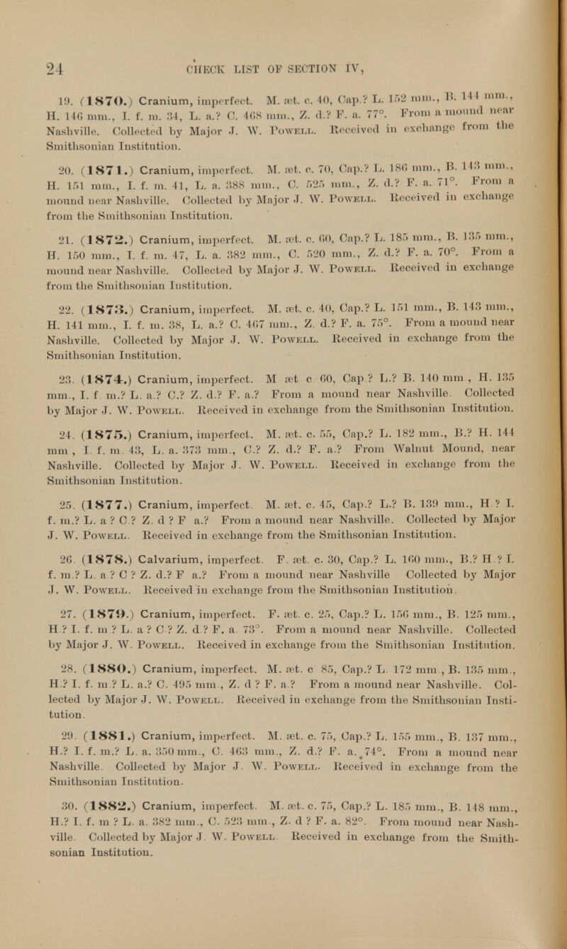 1!). (1870.) Cranium, imperfect M. Bet. c. 40, Cup ? L. 152 nun., 1?. 14 I nun., H. L46 mm., L f. m. 34, L. a.? C. 468 ram., Z. d.? F. a. 77°. From a mound near Nashville. Collected by Major J. W. Powell. Received in exchange from the Smithsonian Institution. '_'<). i 1871.) Cranium, imperfect. M. Bet. <•. 70, Cap.? I,. 186 mm., B. L43 mm., H. 151 mm., I. f. m. 41, L. a. 888 mm., C. 525 mm., Z. d.? F. a. 71°. From a mound near Nashville. Collected by Major J. W. Powell. Received iu exchange from the Smithsonian Institution. 21. (1872.) Cranium, imperfect. M. Bet. c 60, Cap.? L. 185 mm., P. 1mm.. H. 150 mm., I. f. m. 17, L. a. 382 mm., C. 520 mm., Z. d.? F. a. 70°. From a mound near Nashville. Collected by Major J. W. Powell. Received in exchange from the Smithsonian Institution. 22. (187.*?.) Cranium, imperfect. M. :et. c. 40, Cap.? L. 151 mm., B. 14.. mm., H. 141 mm., I. f. m. 38, L. a.? C. 4(17 mm., Z. d.? F. a. 75°. From a mound near Nashville. Collected by Major J. W. Powell. Received in exchange from the Smithsonian Institution. 23. (1874.) Cranium, imperfect. M ;et c 00, Cap ? L.? B. 140 mm, II. 135 mm., I. f m.? L. a ? C? Z. d.? F. a.? From a mound near Nashville. Collected by Major J. W. Powell. Received in exchange from the Smithsonian Institution. 24. (1875.) Cranium, imperfect, M. set. c. 55, Cap.? L. 182 mm., 1!.? H. 144 mm , I f. m. 43, L. a. :,»7:>» mm., C? Z. d.? F. a.? From Walnut Mound, near Nashville. Collected by Major J. W. Powell. Received in exchange from the Smithsonian Institution. 25 (1877.) Cranium, imperfect. M. set. c. 45, Cap.? L.? B. 139 mm., H ? I. f. m.? L. a ? C ? Z. d ? F a.? From a mound near Nashville. Collected by Major J. W. Powell. Received in exchange from the Smithsonian Institution. 26. (1878.) Calvarium, imperfect. F. set. c 30, Cap.? L. 160 mm.. P.? H ? I. f. m.? L. a ? C ? Z. d.? F a.? From a mound near Nashville Collected by Major J. W. Powell. Received in exchange from tie Smithsonian Institution. 27. (1871>.) Cranium, imperfect. F. set. c. 25, Cap.? L. 156 mm.. P.. 125 mm., H ? I. f. m ? L. a ? C ? Z. d ? F. a 7:3°. From a mound near Nashville. Collected by Major J. W. Powell. Received in exchange from the Smithsonian Institution. 28. (1880.) Cranium, imperfect. M. set. c 85, Cap.? L 172 mm., B. L35 mm., H ? I. f. m ? L. a.? C. 495 mm., Z. d ? F. a ? From a mound near Nashville. Col- lected by Major J. W. Powell. Received iu exchange from the Smithsonian Insti- tution. 2!i (1881.) Cranium, imperfect. M. set. c. 75, Cap.? L. 155 mm., I!. 137 mm., H.? I. f. in.? L. a. 350mm., C. 463 mm., Z. d.? F. a. 74°. From a mound near Nashville Collected by Major J W. Powell- Received in exchange from the Smithsonian Institution. 30. (1882.) Cranium, imperfect. M. yet. c. 75, Cap.? L. 185 mm., B. 148 mm., H.? I. f. m ? L. a. 382 mm., C. 523 mm., Z. d ? F. a. 82°. From mound near Nash- ville. Collected by Major J. W.Powell Received in exchange from the Smith- sonian Institution.