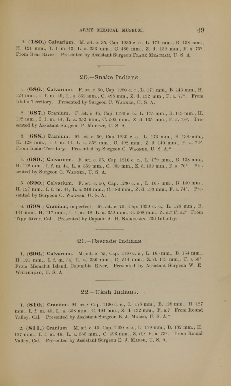 2. (1 SO.j Calvarium. M. Bet. c. 35, Cap. 1230 c. c , L. 171 mm., B. 138 mm., H. 121 mm., I. f. m. 43, L. a. 333 mm., C 486 mm., Z. d. 132 mm., F. a. 75°. From Bear River. Presented by Assistant Surgeon Frank Meacham, U. S. A. 20.—Snake Indians. I. (686.; Calvarium. F. 861. c. SO, Cap. 1280 c. c, L. 171 mm., B 143 mm., H. 124 mm., I. f. m. 4!), L. a. 352 mm., C. 498 mm., Z. d. 132 mm., F. a. 77°. From Idaho Territory. Presented by Surgeon C. Wagner, U. S. A. 2 (687.) Cranium. F. a t. o. I.., Cap. L190 c. c, L. 175 nun., B. 1 13 mm., H. 122 mm., I. f. m. 44, L. a. 352 mm., C. ..02 mm., Z. d. L35 mm., F. a. 78°. Pre- seuted by Assistant Surgeon P. Moffat, U. S. A. :;. (688.) Cranium. M. set. c. ..0. Cap. 1230 e. c, L. 17:; nun , B. 138-mm., H. 128 mm., I. f. m. 44, L. a. 352 mm., C. 41)2 mm., Z. d. 140 mm., F. a. 72°. From Idaho Territory. Preseuted by Surgeon C. Wagner, U. S. A.* 4. (689.) Calvarium. F. aet. c. 55, Cap. 1210 e. e., L. 17'.) mm., B. 138 mm., II. 12S mm., I. f. m. 11, L. a. 352 mm., C. 502 mm., Z. d. 132 mm., F. a. 7(i°. Pre- sented by Surgeon C. Wagner, U. S. A. 5. (690.) Calvarium. F. ;et. c. 50, Cap. 1230 o. c , L. L65 mm., B. No mm.. H. 127 mm., I. f. m. 44, L. a. 34G mm., C. 48« mm., Z. d. 133 mm., F. a. 74°. Pre- sented by Surgeon C. Wagner, U. S. A. 0. (698.) Cranium, imperfect. M. set. c. 70, Cap. 1330 c. o., L. 178 mm., I!. l I I mm , H. 117 mm., I. f. in. 48, L. a. 352 mm.. ('. 508 mm., Z. d.? F. a.? From Tipp River, Cal. Presented by Captain A. H. Nickerson, 23d Infantry. 21.—Cascade Indians. 1. (696.) Calvarium. M. set. c. 55, Cap. 1340 e. e., L. L65 mm., B. 154 mm., H. 121 mm., I. f. m. 54, L. a. :::!<; mm , C. 514 mm., Z. d. 143 mm , F. a C8-. From Memalut Island, Columbia liiver. Presented by Assistant Surgeon W. E Whitehead, U. S. A. 22.—Ukah Indians. I (810.) Cranium. M. »t.? Cap. 11!)0 e. c., L. 178 mm., B. 128 mm., H 127 mm , I. f. m. 45, L. a. 358 mm., C. 494 mm., Z. d. 132 mm., F. a.? From Bound Valley, Cal. Presented by Assistant Surgeon E. J. Marsh, U. S. A.* 2. (81 1.) Cranium. M. a t. c. 15, Cap. 1200 e. c, L. 17!) mm., B. 132 mm., H 127 mm., I. f. m. 46, L. a. 358 mm., C. i'M mm., Z. d.? F. a. 73°. From Bound Valley, Cal. Presented by Assistant Surgeon E. J. Marsh, U. S. A.