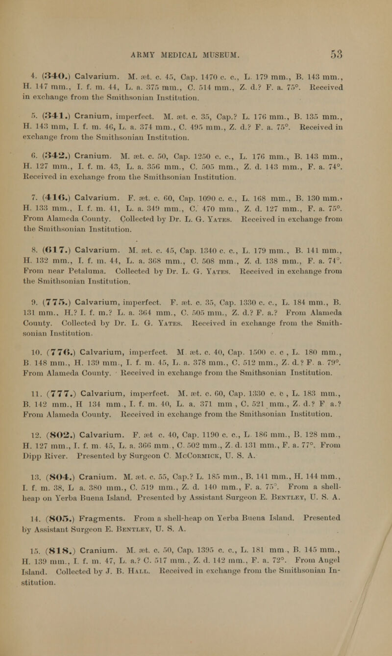 4. (340.) Calvarium. M. set. c. 15, Cap. 1470 c. c, L. 179 mm., B. 143 mm., H. 147 mm., I. f. m. 44, L. n. 375 ram., C. 514 mm., Z. d.? F. a. 75°. Received in exchange from the Smithsonian Institution. 5. (341.) Cranium, imperfect. M. tot. c. 35, Cap.? L. 170 mm., B. 135 mm., H. 143 mm, I. f. m. 40, L. a. 371 mm., C. 495 mm., Z. d.? F. a. 75°. Received in exchange from the Smithsonian Institution. 0. (.'542.) Cranium. M. net. c. 50, Cap. 1250 c. a, L. 176 mm., B. 143 mm., H. 127 mm., I. f. m. 43. L. a. 356 mm., C. 505 mm., Z. d. 143 mm., F. a. 74°. Received in exchange from the Smithsonian Institution. 7. (416.) Calvarium. F. net. c. GO, Cap. 1090 c. c, L. 108 mm., B. 130 mm.- H. L33 mm., I. f. m. 41, L. a. 319 mm., C. 470 mm.. Z. d. 127 mm., F. a. 75°. From Alameda County. Collected by Dr. L. G. Yates. Received in exchange from the Smithsonian Institution. 8. (617.) Calvarium. M. set. e. 45, Cap. 1340 c c, L. 179 mm., B. 1 11 mm.. H. 132 mm., I. f. in. 44, L. a. 308 mm., C. 508 mm., Z. d. 138 mm., F. a. 74°. From near Petalnma. Collected by Dr. L. G. Yates. Received in exchange from the Smithsonian Institution. 9. (77f».) Calvarium, imperfect. F. set. c. 35, Cap. L330 c. e., L. 184 mm., B. 131 mm., H.? I. f. m.? L. a. 304 mm., C. 505 mm., Z. d.? F. a.? From Alameda County. Collected by Dr. L. G. Yates. Received in exchange from the Smith- sonian Institution. 10. (776.) Calvarium, imperfect. M set. e. 40, Cap. 1500 c. c , L. 180 mm., 11 L48 mm., H. 139 mm., I. f. m. 45, L. a. 378 mm., C. 512 mm., Z. d.? F. a. 79°. From Alameda County. Received in exchange from the Smithsonian Institution. 11. (777.) Calvarium, imperfect. M. set. c. 00, Cup. L330 c. c , L. 183 mm., B. 142 mm., H 134 mm, I. f. m. 40, L. a. 371 mm . C. 521 mm., Z. d.? F a.? From Alameda County. Received in exchange from the Smithsonian Institution. 12. (802.) Calvarium. F. set e. 40, Cap. 1190 c. c, L 180 mm., B. 128 mm.. H. 127 mm., I. f. m. 45, L. a. 300 mm., C. 502 mm., Z. d. 131 mm., F. a. 77°. From Dipp River. Presented by Surgeon C. McCormick, U. S. A. 13. (S04.) Cranium. M. a t, c. 55, Cap.? L. 1S5 mm., B. 141 mm., H. 144 mm., I. f. m. 3.8, L a. ..so mm., C. 51!) mm., Z. d. 140 mm., F. a. 75°. From a shell- heap on Yerba Buena Island. Presented by Assistant Surgeon E. Bentley, U. S. A. 14. (805.) Fragments. From a shell-heap on Yerba Buena Island. Presented by Assistant Surgeon E. Bentley, U. S. A. 15. (818.) Cranium. M. rat. c. 50. Cap. 1395 c. c, L. 181 mm., B. 145 mm., II L39 mm., 1. f. m. 17. L. a.? C 517 mm., Z. d. 1 12 mm.. F. a. 72°. From Augel Island. Collected by J. B. Ham.. Received in exchange from the Smithsonian In- stitution.