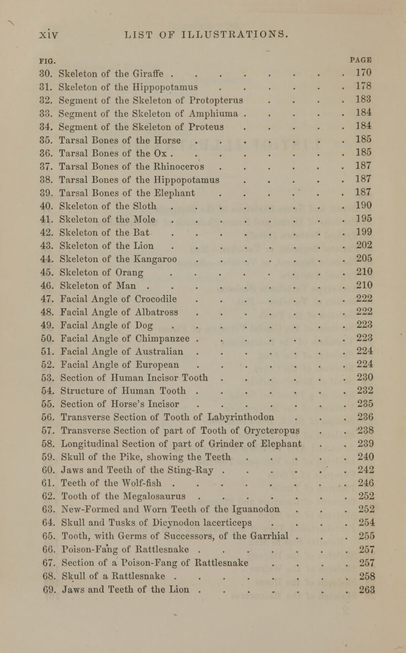 fig. 30. Skeleton of the Giraffe . 31. Skeleton of the Hippopotamus 32. Segment of the Skeleton of Protopterua 33. Segment of the Skeleton of Amphiuma 34. Segment of the Skeleton of Proteus 35. Tarsal Bones of the Horse 36. Tarsal Bones of the Ox . 37. Tarsal Bones of the Rhinoceros 38. Tarsal Bones of the Hippopotamus 39. Tarsal Bones of the Elephant 40. Skeleton of the Sloth . 41. Skeleton of the Mole 42. Skeleton of the Bat 43. Skeleton of the Lion 44. Skeleton of the Kangaroo 45. Skeleton of Orang 46. Skeleton of Man . 47. Facial Angle of Crocodile 48. Facial Angle of Albatross 49. Facial Angle of Dog 50. Facial Angle of Chimpanzee . 51. Facial Angle of Australian 52. Facial Angle of European 53. Section of Human Incisor Tooth 54. Structure of Human Tooth . 55. Section of Horse's Incisor 56. Transverse Section of Tooth of Labyrinthodon 57. Transverse Section of part of Tooth of Orycteropus 58. Longitudinal Section of part of Grinder of Elephant 59. Skull of the Pike, showing the Teeth . 60. Jaws and Teeth of the Sting-Ray . 61. Teeth of the Wolf-fish 62. Tooth of the Megalosaurus .... 63. New-Formed and Worn Teeth of the Iguanodon 64. Skull and Tusks of Dicynodon lacerticeps 65. Tooth, with Germs of Successors, of the Garrhial 66. Poison-Fang of Rattlesnake .... 67. Section of a Poison-Fang of Rattlesnake 68. Skull of a Rattlesnake 69. Jaws and Teeth of the Lion ....