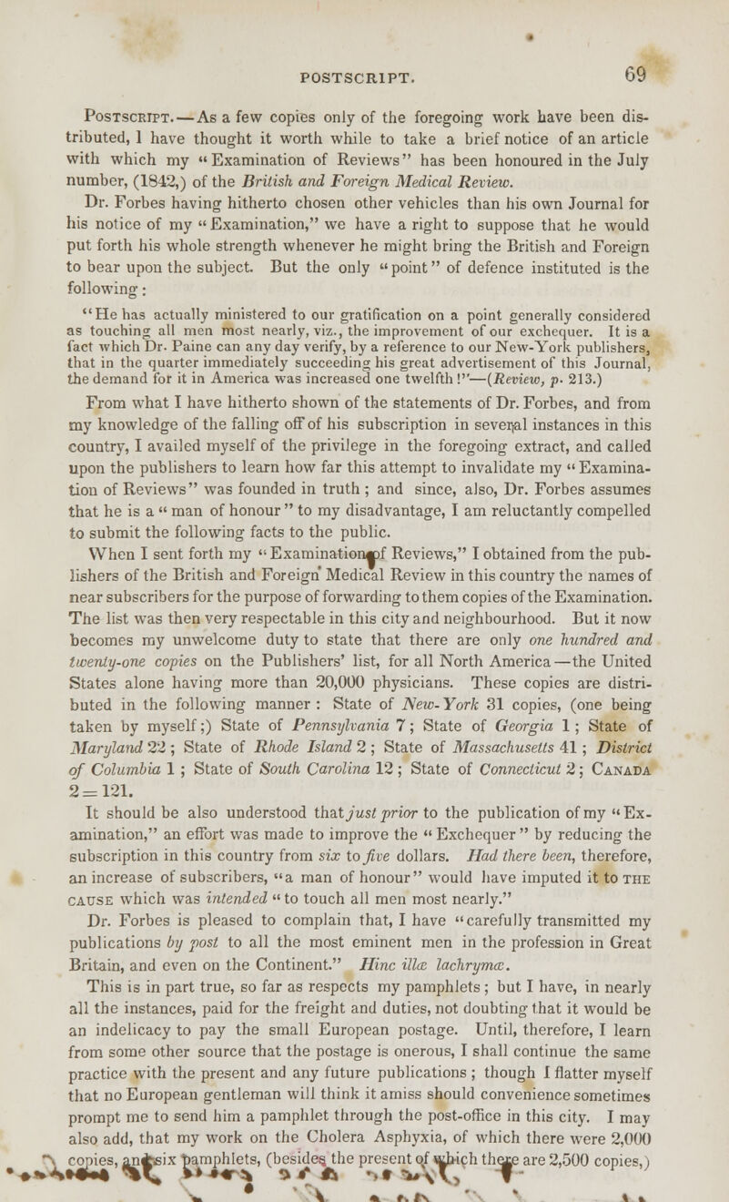 Postscript.—As a few copies only of the foregoing work have been dis- tributed, 1 have thought it worth while to take a brief notice of an article with which my Examination of Reviews has been honoured in the July number, (1842,) of the British and Foreign Medical Review. Dr. Forbes having hitherto chosen other vehicles than his own Journal for his notice of my Examination, we have a right to suppose that he would put forth his whole strength whenever he might bring the British and Foreign to bear upon the subject. But the only  point of defence instituted is the following: He has actually ministered to our gratification on a point generally considered as touching all men most nearly, viz., the improvement of our exchequer. It is a fact which Dr- Paine can any day verify, by a reference to our New-York publishers, that in the quarter immediately succeeding his great advertisement of this Journal, the demand for it in America was increased one twelfth!''—{Review, p. 213.) From what I have hitherto shown of the statements of Dr. Forbes, and from my knowledge of the falling off of his subscription in severjal instances in this country, I availed myself of the privilege in the foregoing extract, and called upon the publishers to learn how far this attempt to invalidate my  Examina- tion of Reviews was founded in truth ; and since, also, Dr. Forbes assumes that he is a  man of honour  to my disadvantage, I am reluctantly compelled to submit the following facts to the public. When I sent forth my Examination«)f Reviews, I obtained from the pub- lishers of the British and Foreign Medical Review in this country the names of near subscribers for the purpose of forwarding to them copies of the Examination. The list was then very respectable in this city and neighbourhood. But it now becomes ray unwelcome duty to state that there are only one hundred and twenty-one co-pies on the Publishers' list, for all North America—the United States alone having more than 20,000 physicians. These copies are distri- buted in the following manner : State of ISew- York 31 copies, (one being taken by myself;) State of Pennsylvania 7; State of Georgia 1; State of Maryland 22 ; State of Rhode Island 2 ; State of Massachusetts 41 ; District of Columbia 1 ; State of South Carolina 12 ; State of Connecticut 2; Canada 2=121. It should be also understood theit just prior to the publication of my Ex- amination, an effort was made to improve the  Exchequer  by reducing the subscription in this country from six to Jive dollars. Had there been, therefore, an increase of subscribers, a man of honour would have imputed it to the CAtTSE which was intended  to touch all men most nearly. Dr. Forbes is pleased to complain that, I have carefully transmitted my publications by post to all the most eminent men in the profession in Great Britain, and even on the Continent. Hinc illce lachrymcc. This is in part true, so far as respects my pamphlets; but I have, in nearly all the instances, paid for the freight and duties, not doubting that it would be an indelicacy to pay the small European postage. Until, therefore, I learn from some other source that the postage is onerous, I shall continue the same practice with the present and any future publications ; though I flatter myself that no European gentleman will think it amiss should convenience sometimes prompt me to send him a pamphlet through the post-office in this city. I may also add, that my work on the Cholera Asphyxia, of which there were 2,000 ^•^ copies, anivsix Mmphlets, (beside^ the present of which thejie are 2,.500 copies.)