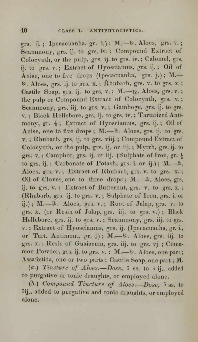 grs. ij. ; Ipecacuanha, gr. i.) ; M.—ft. Aloes, grs. v. ; Scammony, grs. ij. to grs. iv. ; Compound Extract of Colocynth, or the pulp, grs. ij. to grs. iv.; Calomel, grs. ij. to grs. v.; Extract of Hyosciamus, grs. ij. ; Oil of Anise, one to five drops (Ipecacuanha, grs. j.); M.— ft. Aloes, grs. ij. to grs. x. ; Rhubarb, grs. v. to grs. x.; Castile Soap, grs. ij. to grs. v. ; M.—ft. Aloes, grs. v. ; the pulp or Compound Extract of Colocynth, grs. v.; Scammony, grs. iij. to grs. v. ; Gamboge, grs. ij. to grs. v. ; Black Hellebore, grs. ij. to grs. iv. ; Tartarized Anti- mony, gr. ■£ ; Extract of Hyosciamus, grs. ij. ; Oil of Anise, one to five drops ; M.—ft. Aloes, grs. ij. to grs. v. ; Rhubarb, grs. ij. to grs. viij.; Compound Extract of Colocynth, or the pulp, grs. ij. or iij.; Myrrh, grs. ij. to grs. v. ; Camphor, grs. ij. or iij. (Sulphate of Iron, gr. £ to grs. ij. ; Carbonate of Potash, grs. i. or ij.); M.—ft. Aloes, grs. v. ; Extract of Rhubarb, grs. v. to grs. x. ; Oil of Cloves, one to three drops ; M.—ft. Aloes, grs. ij. to grs. v. ; Extract of Butternut, grs. v. to grs. x. ; (Rhubarb, grs. ij. to grs. v. ; Sulphate of Iron, grs. i. or ij.); M.—ft. Aloes, grs. v. ; Root of Jalap, grs. v. to grs. x. (or Resin of Jalap, grs. iij. to grs. v.) ; Black Hellebore, grs. ij. to grs. v. ; Scammony, grs. iij. to grs. v. ; Extract of Hyosciamus, grs. ij. (Ipecacuanha, gr. i., or Tart. Antimon., gr. ■£) ; M.—ft. Aloes, grs. iij. to grs. x. ; Resin of Guaiacum, grs. iij. to grs. vj. ; Cinna- mon Powder, grs. ij. to grs. v. : M.—ft. Aloes, one part; Assafoetida, one or two parts ; Castile Soap, one part; M. (a.) Tincture of Aloes.—Dose, 3 ss. to 3 ij., added to purgative or tonic draughts, or employed alone. (b.) Compound Tincture of Aloes.—Dose, 3 ss. to 3ij., added to purgative and tonic draughts, or employed alone.