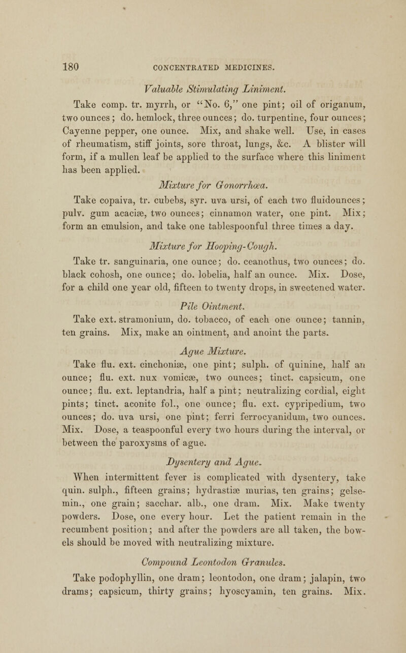 Valuable Stimulating Liniment. Take comp. tr. myrrh, or No. 6, one pint; oil of origanum, two ounces ; do. hemlock, three ounces; do. turpentine, four ounces; Cayenne pepper, one ounce. Mix, and shake well. Use, in cases of rheumatism, stiff joints, sore throat, lungs, &c. A blister will form, if a mullen leaf be applied to the surface where this liniment has been applied. Mixture for Gonorrhoea. Take copaiva, tr. cubebs, syr. uva ursi, of each two fluidounces; pulv. gum acacise, two ounces; cinnamon water, one pint. Mix; form an emulsion, and take one tablespoonful three times a day. Mixture for Hooping-Cough. Take tr. sanguinaria, one ounce; do. ceanothus, two ounces; do. black cohosh, one ounce; do. lobelia, half an ounce. Mix. Dose, for a child one year old, fifteen to twenty drops, in sweetened water. Pile Ointment. Take ext. stramonium, do. tobacco, of each one ounce; tannin, ten grains. Mix, make an ointment, and anoint the parts. Ague Mixture. Take flu. ext. cinchonise, one pint; sulph. of quinine, half an ounce; flu. ext. nux vomicae, two ounces; tinct. capsicum, one ounce; flu. ext. leptandria, half a pint; neutralizing cordial, eight pints; tinct. aconite fol., one ounce; flu. ext. cypripedium, two ounces; do. uva ursi, one pint; ferri ferrocyanidum, two ounces. Mix. Dose, a teaspoonful every two hours during the interval, or between the paroxysms of ague. Dysentery and Ague. When intermittent fever is complicated with dysentery, take quin. sulph., fifteen grains; hydrastise murias, ten grains; gelse- min., one grain; sacchar. alb., one dram. Mix. Make twenty powders. Dose, one every hour. Let the patient remain in the recumbent position; and after the powders are all taken, the bow- els should be moved with neutralizing mixture. Compound Leontodon Cfranules. Take podophyllin, one dram; leontodon, one dram; jalapin, two drams; capsicum, thirty grains; hyoscyamin, ten grains. Mix.