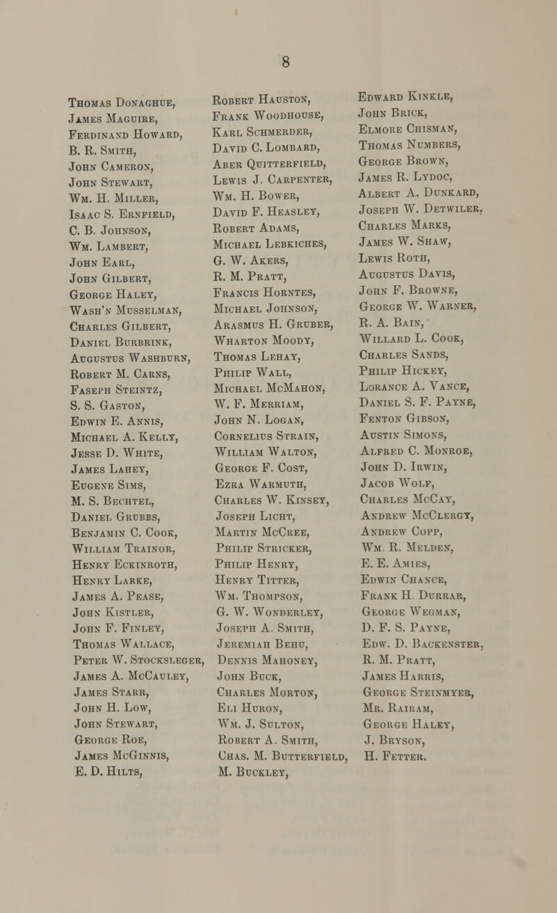 Thomas Donaghue, James Maguire, Ferdinand Howard, B. R. Smith, John Cameron, John Stewart, Wm. H. Miller, Isaac S. Ernfield, C. B. Johnson, Wm. Lambert, John Earl, John Gilbert, George Haley, Wash'n Musselman, Charles Gilbert, Daniel Burbrink, Augustus Washburn, Robert M. Carns, Faseph Steintz, S. S. Gaston, Edwin E. Annis, Michael A. Kelly, Jesse D. White, James Lahey, Eugene Sims, M. S. Bechtel, Daniel Grubbs, Benjamin C. Cook, William Trainor, Henry Eckinroth, Henry Larke, James A. Pease, John Kistler, John F. Finley, Thomas Wallace, Peter W. Stocksleger, James A. McCauley, James Starr, John H. Low, John Stewart, George Roe, James McGinnis, E. D. Hilts, Robert Hauston, Frank Woodhouse, Karl Schmerder, David C. Lombard, Aber Quitterfield, Lewis J. Carpenter, Wm. H. Bower, David F. Heasley, Robert Adams, Michael Lebkiches, G. W. Akers, R. M. Pratt, Francis Horntes, Michael Johnson, Arasmus H. Gruber, Wharton Moody, Thomas Lehay, PniLip Wall, Michael McMahon, W. F. Merriam, John N. Logan, Cornelius Strain, William Walton, George F. Cost, Ezra Warmuth, Charles W. Kinsey, Joseph Licht, Martin McCree, Philip Stricker, Philip Henry, Henry Titter, Wm. Thompson, G. W. Woxderley, Joseph A. Smith, Jeremiah Behu, Dennis Mahoney, John Buck, Charles Morton, Eli Huron, Wm. J. Sulton, Robert A. Smith, Chas. M. Butterfield, M. Buckley, Edward Kinkle, John Brick, Elmore Chisman, Thomas Numbers, George Brown, James R. Lydoc, Albert A. Dunkard, Joseph W. Detwiler, Charles Marks, James W. Shaw, Lewis Roth, Augustus Davis, John F. Browne, George W. Warner, R. A. Bain, Willard L. Cook, Charles Sands, Philip Hickey, Lorance A. Vance, Daniel S. F. Payne, Fenton Gibson, Austin Simons, Alfred C. Monroe, John D. Irwin, Jacob Wolf, Charles McCay, Andrew McClergy, Andrew Copp, Wm. R. Melden, E. E. Amies, Edwin Chance, Frank H Durrar, George Wegman, D. F. S. Payne, Edw. D. Backenster, R. M. Pratt, James Harris, George Steinmyer, Mr. Rairvm, George Haley, J. Bryson, H. Fetter.