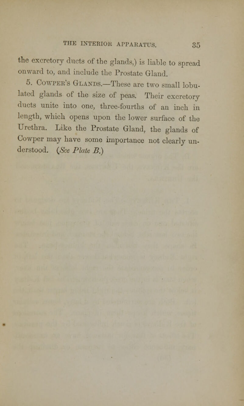 the excretory ducts of the glands,) is liable to spread onward to, and include the Prostate Gland. 5. Cowper's Glands.—These are two small lobu- lated glands of the size of peas. Their excretory ducts unite into one, three-fourths of an inch in length, which opens upon the lower surface of the Urethra. Like the Prostate Gland, the glands of Cowper may have some importance not clearly un- derstood. (See Plate B.)