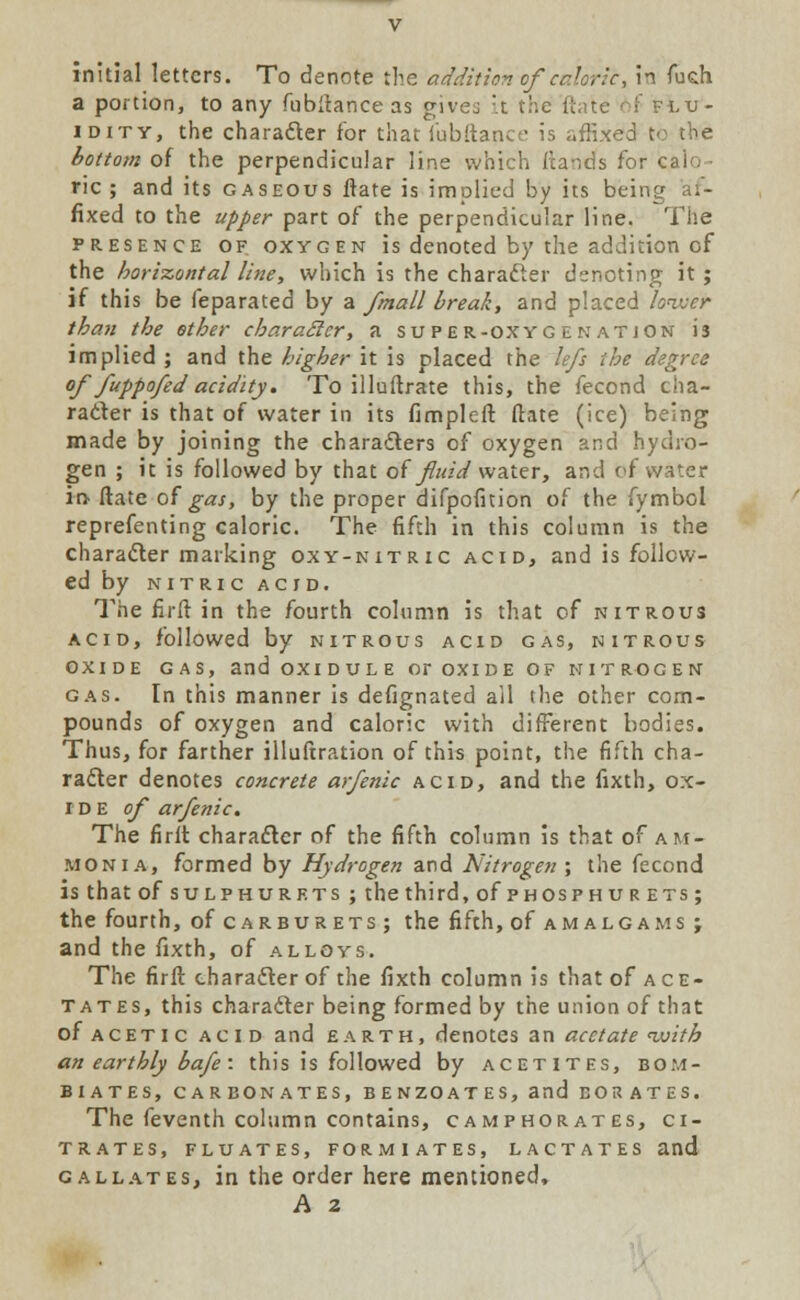 initial letters. To denote the addition ofcaloric; in fueh a portion, to any fubftance as givej :.t the ftate < 'i flu- idity, the character for that fubftance is affixed bottom of the perpendicular line which fcands for calo- ric ; and its gaseous ftate is implied by its b'ein fixed to the upper part of the perpendicular line. The presence of oxygen is denoted by the addition of the horizontal line, which is the character denoting it ; if this be feparated by a /mall break, and placed lonver than the other character, a su per-oxyg e n atjon is implied ; and the higher it is placed the lefs the degree of fuppofed acidity. To illuftrate this, the fecond cha- racter is that of water in its fimpleft ftate (ice) being made by joining the characters of oxygen and hydro- gen ; it is followed by that of fluid water, and of water ir> ftate of gas, by the proper difpofuion of the fymbol reprefenting caloric. The fifth in this column is the character marking oxy-nitric acid, and is follow- ed by NITRIC ACID. The firft in the fourth column is that of nitrous acid, followed by nitrous acid gas, nitrous oxide gas, and oxidule or oxide of nitrogen gas. In this manner is defignated all the other com- pounds of oxygen and caloric with different bodies. Thus, for farther illuftration of this point, the fifth cha- racter denotes concrete arfenic acid, and the fixth, ox- ide of arfenic. The firlt character of the fifth column is that of am- monia, formed by Hydrogen and Nitrogen ; the fecond is that of sulphurets ; the third, of phosphur ets ; the fourth, of carburets; the fifth, of amalgams; and the fixth, of alloys. The firft character of the fixth column is that of ace- tates, this character being formed by the union of that of acetic acid and earth, denotes an acetate 'with an earthly bafe: this is followed by acetites, bom- biates, carbonates, benzoates, and borates. The feventh column contains, camphorates, ci- trates, FLUATES, FORMIATES, LACTATES and gall at es, in the order here mentioned. A 2