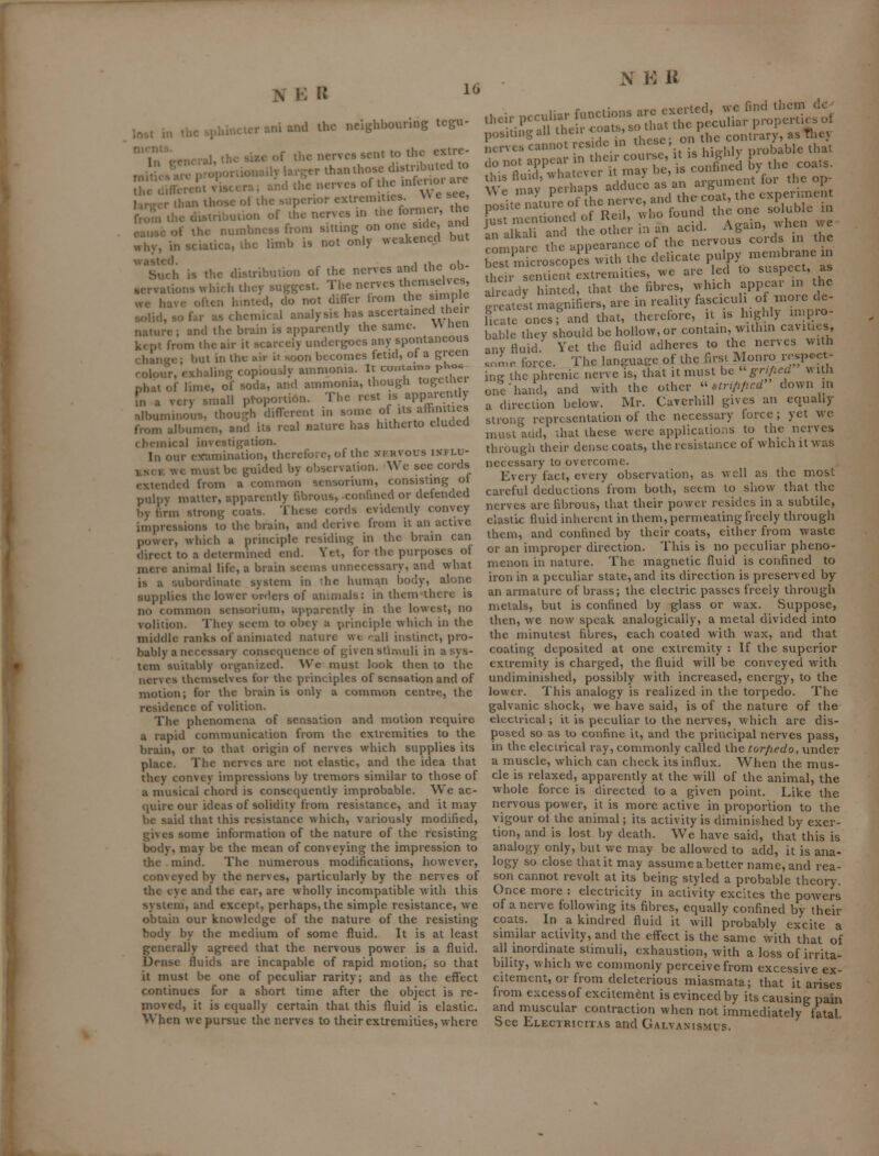 lost in the sphincter ani and the neighbouring tegu- 'in'^cncral, the size of the nerves sent to the extre- rnitWH^aTpro ponionally larger than those distnbuted o he different v'iscera; and the nerves of the mfer.or a.e larger than those ol the superior extremities J\e see fZ. the distribution of the nerves in the former, the cause of the numbness from ^'^trng on one side, and why, in sciatica, the limb is not only weakened but wasted. , ,, „ _i. Such is the distribution of the nerves and the oD .crvations which they suggest. The nerves tliemseh^^^^^^ wc have often hmtcd, do not differ irom the simp e solid, so far as chemical analysis has ascertained then nature; and the brain is apparently the same. VV nen kept from the air it scarcely undergoes any spo^ chan'-- »^t in the air it soon becomes fetid, ot a green roloi N K U „eir peculiar ^unctions^rc^xen.l^ we find^tl.^ positing all then- coats, so ^'^^^.^'^^P,^^ contrary, as Tliey Serves cannot !-\^^.\^^'^^^,^'i° ^ thi, rob^ thai in alkali and the other m an acid. Again, ^vnen we Smnre tTe appearance of the nervous cords in the be^ m ero copes^vlth the delicate pulpy membrane in 'hei seSt'extreniities, we are_ led to suspect, as laturc; and the brain is apparently tne same. >» —.. tept from the air it scarcely undergoes any spontaneous •hanKc; but in the air it soon becomes fetid, ot a green Colour, exhaling copiously ammonia. It ^'■;-; P';;!; phat of lime, of soda, and ammonia, though togcthei in a very small pfoporti6n. The rest •« appai-ently albuminous, though different in some of its affimt es from albumen, and its real nature has hitherto eluded chemical investigation. In our ejcamination, therefore, of the nervous ivflu- tNCK wc must be guided by observation. We see cords extended from a common scnsorium, consisting ot pulpy matter, apparently fibrous, .confined or defended by firm strong coats. These cords evidently convey impressions to the brain, and derive from it an active power, which a principle residing in the brain can direct to a determined end. Yet, for the purposes of mere animal life, a brain seems unnecessary, and what is a subordinate system in '.he human body, alone supplies the lower orders of animals: in them there is no common sensorium, apparently in the lowest, no volition. They seem to obey a principle which in the middle ranks of animated nature we ^all instinct, pro- bably a necessary consequence of given stimuli in a sys- tem suitably organized. We must look then to the nerves themselves for the principles of sensation and of motion; for the brain is only a common centre, the residence of volition. The phenomena of sensation and motion require a rapid communication from the extremities to the brain, or to that origin of nerves which supplies its place. The nerves are not elastic, and the idea that they convey impressions by tremors similar to those of a musical chord is consequently improbable. We ac- quire our ideas of solidity from resistance, and it may be said that this resistance which, variously modified, gives some information of the nature of the resisting body, may be the mean of conveying the impression to the mind. The numerous modifications, however, conveyed by the nerves, particularly by the nerves of the eye and the ear, are wholly incompatible with this system, and except, perhaps, the simple resistance, we obtain our knowledge of the nature of the resisting body by the medium of some fluid. It is at least generally agreed that the nervous power is a fluid. Dense fluids are incapable of rapid motion, so that it must be one of peculiar rarity; and as the effect continues for a short time after the object is re- moved, it is equally certain that this fluid is elastic. When we pursue the nerves to their extremities, where ear in the ready hinted, that the fibres, which appear in th< atest magnifiers, are in reality ^---^--'} .^^^^ ..cate ones; and that, thcrciore, it is highly impio bable they should be hollow, or contam, within cavities, .-, -I v„» *u„ a„;A nrihpvpc; to the nerves with a direction below. Mr. Caverhill gives an equally strong representation of the necessary force; yet wc must atid, ihat these were applications to the nerves through their dense coats, the resistance of which it w^as necessary to overcome. Every fact, every observation, as well as the most careful deductions from both, seem to show that the nerves are fibrous, that their power resides in a subtile, clastic fluid inherent in them, permeating freely through them, and confined by their coats, either from waste or an improper direction. This is no peculiar pheno- menon in nature. The magnetic fluid is confined to iron in a peculiar state, and its direction is preserved by an armature of brass; the electric passes freely through metals, but is confined by glass or wax. Suppose, then, we now speak analogically, a metal divided into the minutest fibres, each coated with wax, and that coating deposited at one extremity : If the superior extremity is charged, the fluid will be conveyed with undiminished, possibly with increased, energy, to the lower. This analogy is realized in the torpedo. The galvanic shock, we have said, is of the nature of the electrical; it is peculiar to the nerves, which arc dis- posed so as to confine it, and the principal nerves pass, in the electrical ray, commonly called the tor/iedo, under a muscle, which can check its influx. When the mus- cle is relaxed, apparently at the will of the animal, the whole force is directed to a given point. Like the nervous power, it is more active in proportion to the vigour ot the animal; its activity is diminished by exer- tion, and is lost by death. We have said, that this is analogy only, but we may be allowed to add, it is ana- logy so close that it may assume a belter name, and rea- son cannot revolt at its being styled a probable theory. Once more : electricity in activity excites the powers of a nerve following its fibres, equally confined by their coats. In a kindred fluid it will probably excite a similar activity, and the effect is the same with that of all inordinate stimuli, exhaustion, with a loss of irrita- bility, which wc commonly perceive from excessive ex- citement, or from deleterious miasmata; that it arises from excess of excitement is evinced by its causing pain and muscular contraction when not immediately fatal See Electricitas and Galvanismus.