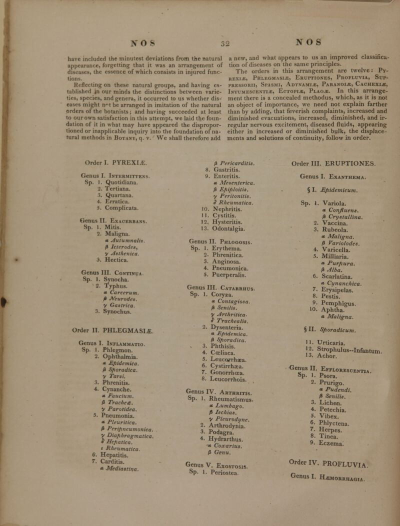 have included the minutest deviations from the natural appearance, forgetting that it was an arrangement of diseases, the essence of which consists in injured func- tions. Reflecting on these natural groups, and having es- tablished in our minds the distinctions between varie- ties, species, and genera, it occurred to us whether dis- eases might n'^t be arranged in imitation of the natural orders of the botanists ; and having succeeded at least to our own satisfaction in this attempt, we laid the foun- dation of it in what may have appeared the dispropor- tioned or inapplicable inquiry into the foundation of na- tural methods in Botany, q. v. We shall therefore add a new, and what appears to us an improved classifica- tion of diseases on the same principles. The orders in this arrangement are twelve: Py- HEXiiE, Phlegmasi.*, Eruptiones, Profluvia, Sup- PRESSORII, SpASMI, AoYNAMIiE, PaRANOIjE, CaCHEXI.*, iNTUMESCENTiiE, EcTOPiiE, Plag^e. In this arrange- ment there is a concealed methodus, which, as it is not an object of importance, we need not explain farther than by adding, that feverish complaints, increased and diminished evacuations, increased, diminished, and ir- regular nervous excitement, diseased fluids, appearing either in increased or diminished bulk, the displace- ments and solutions of continuity, follow in order. Order I. PYREXIA. Gen Sp. as 1 2 [. Intermittens Quotidiana. Tertiana. 3 4. 5. Quartana. Erratica. Complicata. Genus II. Exacerbans. Sp. 1. Mitis. 2. Maligna. « jiutumnalis. /9 Icterodea^ y jlathenica. 3. Hectica. Genus Sp. 1. ^ 2. 3, III. CONTINUA. Synocha. Typhus. » Carcerum. /i JVeurodea. y Gaatrica. Synochus. ^ Pericarditis. 8. Gastritis. 9. Enteritis. « Meaenterica. /3 Efiiploitis. y Peritonitis. ^ Rheumatica. 10. Nephritis. 11. Cystitis. 12. Hysteritis. 13. Odontalgia. Genus II. Phlogosis. Sp. 1. Erythema. 2. Phrenitica. 3. Anginosa. 4. Pneumonica. 5. Puerperalis. Genus III. Catarrhus. Sp. 1. Order II. PHLEGMASIA. Genus I. Inflammatio. Sp 1 Phlegmon. 2 . Ophthalmia. « Kjiidemica. /3 Sfioradica. y Tarsi. 3 Phrenitis. 4 Cynanche. « Faucium. /3 Trachea. y Parotidea. 5. Pneumonia. * Pleuritica. fi Perifineumonica y Diafihragmatica & Hepatica. t Rheumatica. 6. Hepatitis. 7. Carditis. * Mediastina. Coryza. » Contagiosa. /3 Senilis. y jirthritica. ^ Trachealis. Dysenteria. ct £fiidemica. fi Sfioradica. Phthisis. Coeliaca. Leucorrhaea. Cystirrhaea. Gonorrhoea. Leucorrhois. Genus IV. Arthritis. Sp. 1. Rheumatismus. « Lumbago, /8 lachias. y Pleurodyne. Arthrodynia. Podagra. Hydrarthus. '« Coxarius. fi Genu. Genus V. Exostosis. Sp. 1. Periostea. Order III. ERUPTIONES. Genus I. Exanthema. § I. Mfiidemicum. Sp. 1. Variola. « Conjluens. ^ Crystallina. 2. Vaccina. 3. Rubeola. ec Maligna. ^ Variolodes. 4. Varicella. 5. Milliaria. « Purfiura. fi ^Iba. 6. Scarlatina. « Cynanchica. 7. Erysipelas. 8. Pestis. 9. Pemphigus. 10. Aphtha. « Maligna. § II. Sfioradicum. 11. Urticaria. 12. Strophulus-Infantum. 13. Achor. Genus II. Efflorescentia. Sp. 1. Psora. 2. Prurigo. « Pudendi. fi Senilis. 3. Lichen. 4. Petechia. 5. Vibex. 6. Phlyctena. 7. Herpes. 8. Tinea. 9- Eczema. Order IV. PROFLUVIA. Genus I. H^morrhagia.