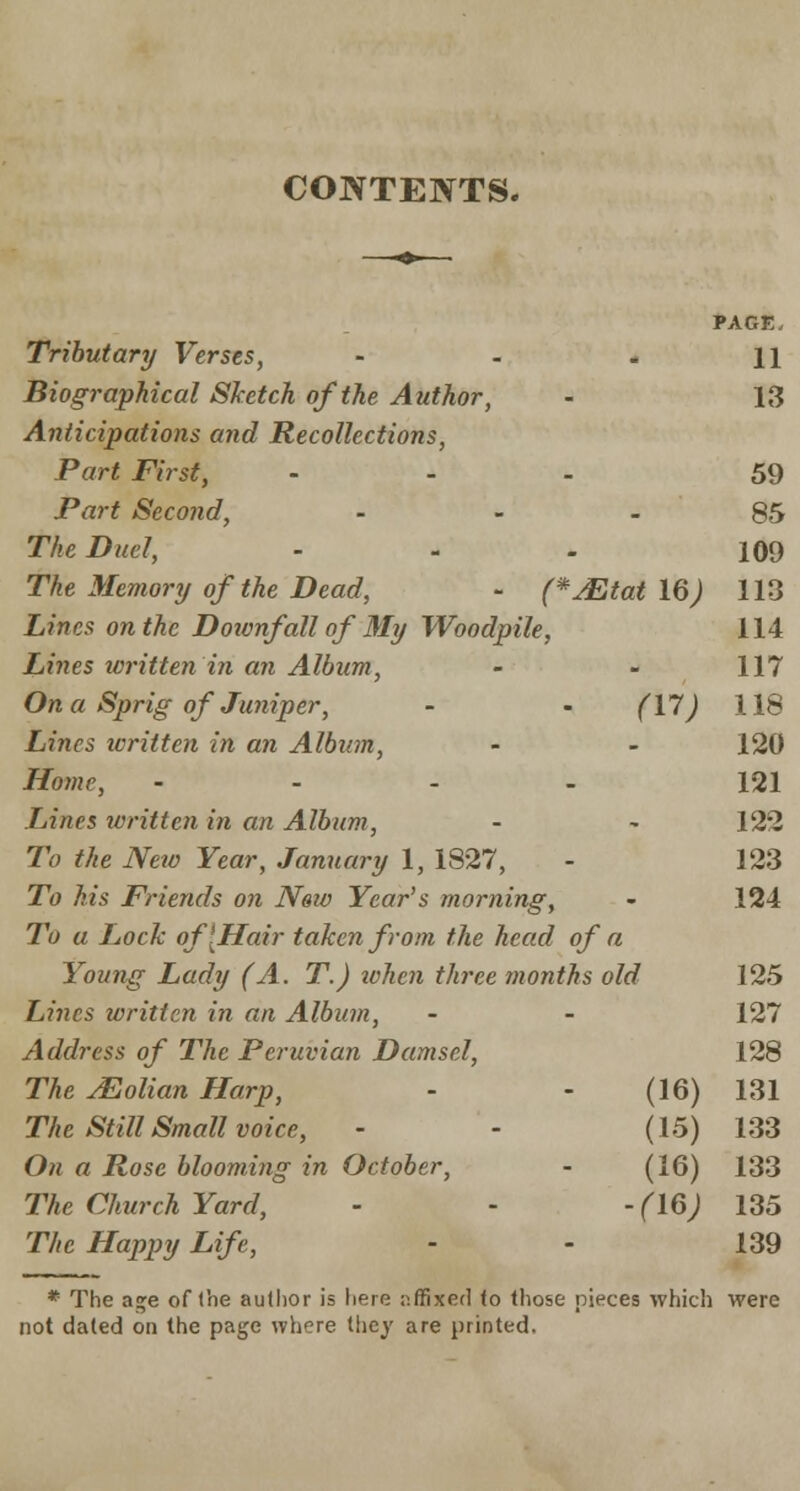 CONTENTS. PACE. Tributary Verses, - - - 11 Biographical Sketch of the Author, - 13 Anticipations and Recollections, Part First, - JPart Second, ... The Duel, The Memory of the Dead, - (*Mtat 16) Lines on the Downfall of My Woodpile, Lines written in an Album, On a Sprig of Juniper, - - (Vt) Lines icritten in an Album, Home, - - - - Lines icritten in an Album, To the New Year, January 1, 1827, To his Friends on Now Year's morning, To a Lock of [Hair taken from the head of a Young Lady (A. T.) tvhen three 7nonths old Lines written in an Album, Address of The Peruvian Damsel, The Molian Harp, - - (16) The Still Small voice, - - (15) On a Rose blooming in October, - (16) The Church Yard, - - - (16j The Happy Life, * The age of (he author is here affixed <o those pieces which were not dated on the page where they are printed.