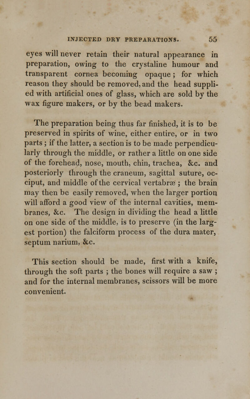 eyes will never retain their natural appearance in preparation, owing to the crystaline humour and transparent cornea becoming opaque; for which reason they should be removed, and the head suppli- ed with artificial ones of glass, which are sold by the wax figure makers, or by the bead makers. The preparation being thus far finished, it is to be preserved in spirits of wine, either entire, or in two parts; if the latter, a section is to be made perpendicu- larly through the middle, or rather a little on one side of the forehead, nose, mouth, chin, trachea, &c. and posteriorly through the craneum, sagittal suture, oc- ciput, and middle of the cervical vertabrse ; the brain may then be easily removed, when the larger portion will afford a good view of the internal cavities, mem- branes, &c. The design in dividing the head a little on one side of the middle, is to preserve (in the larg- est portion) the falciform process of the dura mater, septum narium, &c. This section should be made, first with a knife, through the soft parts ; the bones will require a saw ; and for the internal membranes, scissors will be more convenient.