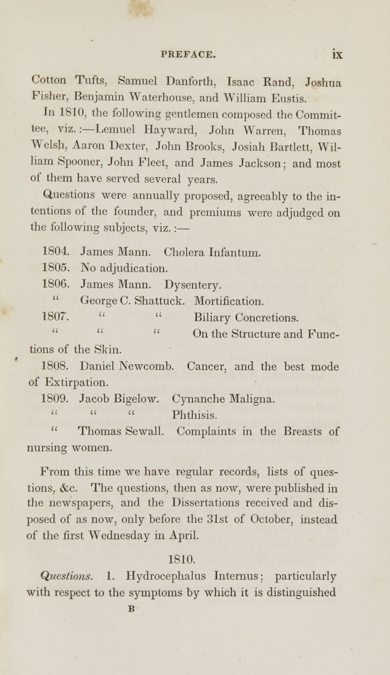 Cotton Tufts, Samuel Danforth, Isaac Rand, Joshua Fisher, Benjamin Waterhouse, and William Eustis. In 1810, the following gentlemen composed the Commit- tee, viz.:—Lemuel Hayward, John Warren, Thomas Welsh, Aaron Dexter, John Brooks, Josiah Bartlett, Wil- liam Spooner, John Fleet, and James Jackson; and most of them have served several years. Questions were annually proposed, agreeably to the in- tentions of the founder, and premiums were adjudged on the following subjects, viz.:— 1804. James Mann. Cholera Infantum. 1805. No adjudication. 1806. James Mann. Dysentery.  George C. Shattuck. Mortification. 1807.   Biliary Concretions.    On the Structure and Func- tions of the Skin. 1808. Daniel Newcomb. Cancer, and the best mode of Extirpation. 1809. Jacob Bigelow. Cynanche Maligna.    Phthisis.  Thomas Sewall. Complaints in the Breasts of nursing women. From this time we have regular records, lists of ques- tions, &c. The questions, then as now, were published in the newspapers, and the Dissertations received and dis- posed of as now, only before the 31st of October, instead of the first Wednesday in April. 1810. Questions. 1. Hydrocephalus Internus; particularly with respect to the symptoms by which it is distinguished B