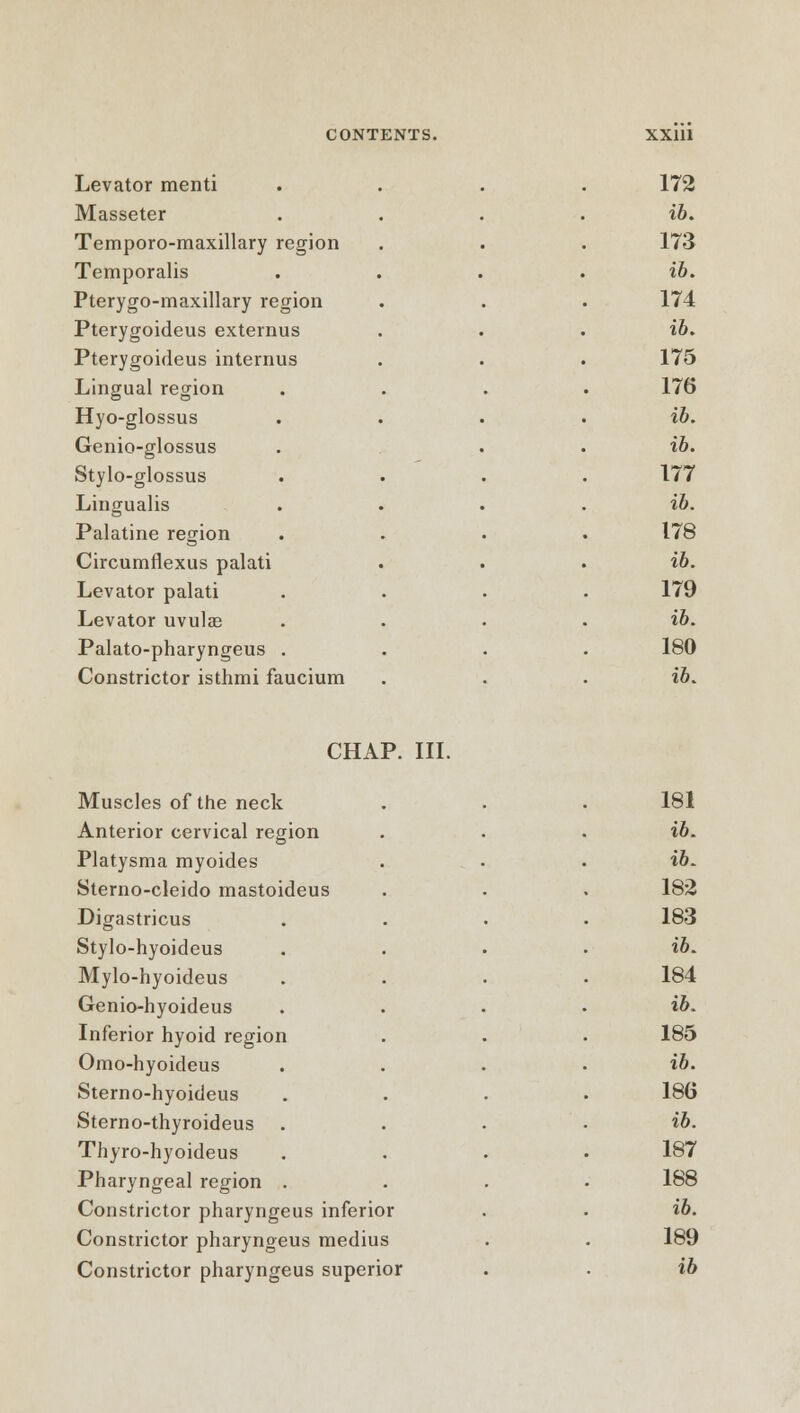 Levator menti .... 172 Masseter ib. Temporo-maxillary region 17a Temporalis ib. Pterygo-maxillary region 174 Pterygoideus externus ib. Pterygoideus internus 175 Lingual region 176 Hyo-glossus ib. Genio-glossus ib. Stylo-glossus 177 Lingualis ib. Palatine region 178 Circumflexus palati ib. Levator palati 179 Levator uvulas ib. Palato-pharyngeus . 180 Constrictor isthmi faucium ib. CHAP. III. Muscles of the neck . . . 181 Anterior cervical region ib. Platysma myoides ib. Sterno-cleido mastoideus 182 Digastricus 183 Stylo-hyoideus ib. Mylo-hyoideus 184 Genio-hyoideus ib. Inferior hyoid region 185 Omo-hyoideus ib. Sterno-hyoideus 186 Sterno-thyroideus . ib. Thyro-hyoideus 187 Pharyngeal region . 188 Constrictor pharyngeus inferior ib. Constrictor pharyngeus medius 189 Constrictor pharvnsreus superi or ib