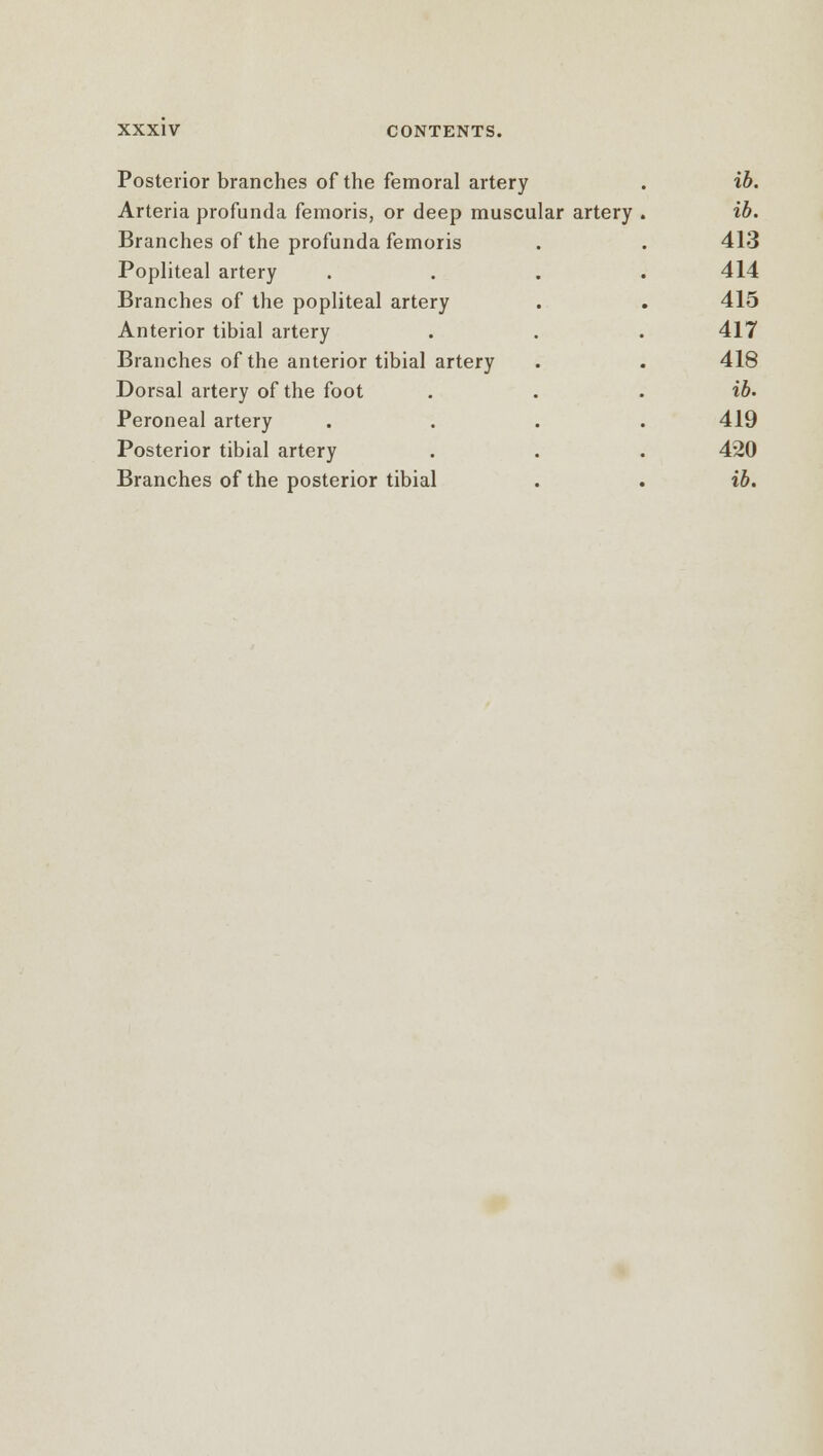 Posterior branches of the femoral artery Arteria profunda femoris, or deep muscular artery Branches of the profunda femoris Popliteal artery Branches of the popliteal artery Anterior tibial artery Branches of the anterior tibial artery Dorsal artery of the foot Peroneal artery Posterior tibial artery ib. ib. 413 414 415 417 418 ib. 419 420