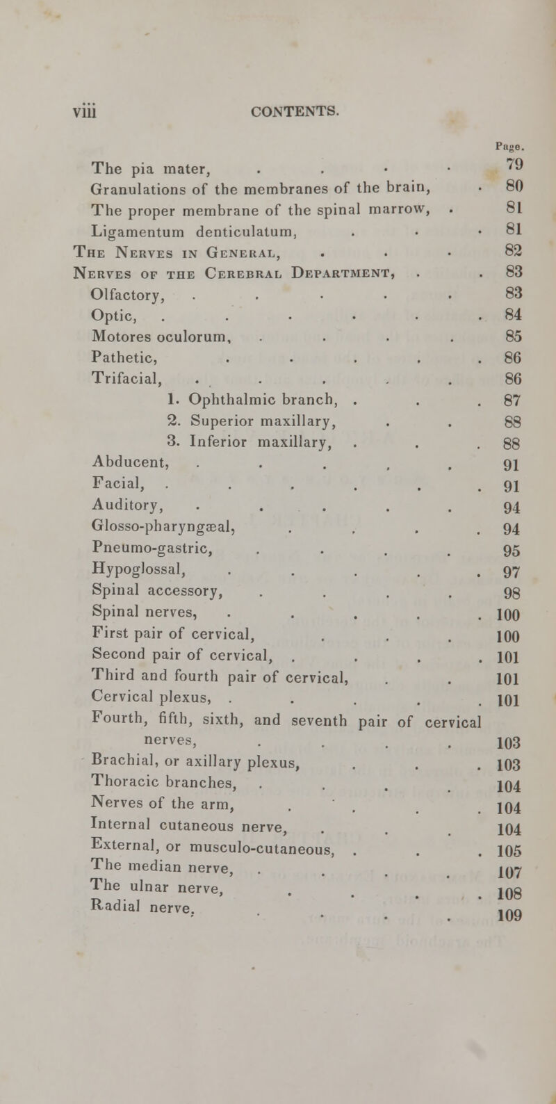 Page. The pia mater, Granulations of the membranes of the brain, The proper membrane of the spinal marrow, Ligamentum denticulatum, The Nerves in General, Nerves of the Cerebral Department Olfactory, Optic, Motores oculorum, Pathetic, Trifacial, 1. Ophthalmic branch, 2. Superior maxillary, 3. Inferior maxillary, Abducent, Facial, Auditory, Glosso-pharyngaeal, Pneumo-gastric, Hypoglossal, Spinal accessory, Spinal nerves, First pair of cervical, Second pair of cervical, Third and fourth pair of cervical, Cervical plexus, . Fourth, fifth, sixth, and seventh pair of cervical nerves, Brachial, or axillary plexus, Thoracic branches, Nerves of the arm, Internal cutaneous nerve, External, or musculocutaneous, The median nerve, The ulnar nerve, Radial nerve.