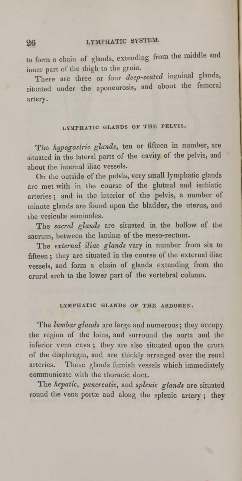 to form a chain of glands, extending from the middle and inner part of the thigh to the groin. There are three or four deep-seated inguinal glands, situated under the aponeurosis, and about the femoral artery. LYMPHATIC GLANDS OF THE PELVIS. The hypogastric glands, ten or fifteen in number, are situated in the lateral parts of the cavity of the pelvis, and about the internal iliac vessels. On the outside of the pelvis, very small lymphatic glands are met with in the course of the glutaeal and ischiatic arteries; and in the interior of the pelvis, a number of minute glands are found upon the bladder, the uterus, and the vesiculae seminales. The sacral glands are situated in the hollow of the sacrum, between the laminae of the meso-rectum. The external iliac glands vary in number from six to fifteen; they are situated in the course of the external iliac vessels, and form a chain of glands extending from the crural arch to the lower part of the vertebral column. LYMPHATIC GLANDS OF THE ABDOMEN. The lumbar glands are large and numerous; they occupy the region of the loins, and surround the aorta and the inferior vena cava ; they are also situated upon the crura of the diaphragm, and are thickly arranged over the renal arteries. These glands furnish vessels which immediately communicate with the thoracic duct. The hepatic, pancreatic, and splenic glands are situated round the vena portae and along the splenic artery ; they