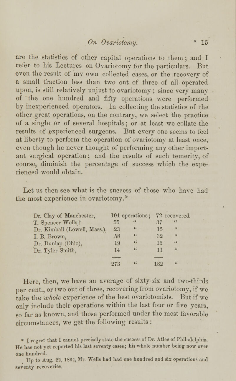 are the statistics of other capital operations to them ; and I refer to his Lectures on Ovariotomy for the particulars. But even the result of my own collected cases, or the recovery of a small fraction less than two out of three of all operated upon, is still relatively unjust to ovariotomy ; since very many of the one hundred and fifty operations were performed by inexperienced operators. In collecting the statistics of the other great operations, on the contrary, we select the practice of a single or of several hospitals; or at least we collate the results of experienced surgeons. But every one seems to feel at liberty to perform the operation of ovariotomy at least once, even though he never thought of performing any other import- ant surgical operation; and the results of such temerity, of course, diminish the percentage of success which the expe- rienced would obtain. Let us then see what is the success of those who have had the most experience in ovariotomy.* Dr. Clay of Manchester, 104 < jperations; 72 recovered. T. Spencer Wells,t 55 a 37 n Dr. Kimball (Lowell, Mass.), 23 u 15 a I. B. Brown, 58 if 32 u Dr. Dunlap (Ohio), 19 a 15 a Dr. Tyler Smith, 14 a 11 a 273  182  Here, then, we have an average of sixty-six and two-thirds per cent., or two out of three, recovering from ovariotomy, if we take the whole experience of the best ovariotomists. But if we only include their operations within the last four or five years, so far as known, and those performed under the most favorable circumstances, we get the following results : * I regret that I cannot precisely state the success of Dr. Atlee of Philadelphia. He has not yet reported his last seventy cases; his whole number being now over one hundred. Up to Aug. 22, 1864, Mr. Wells had had one hundred and six operations and seventy recoveries.