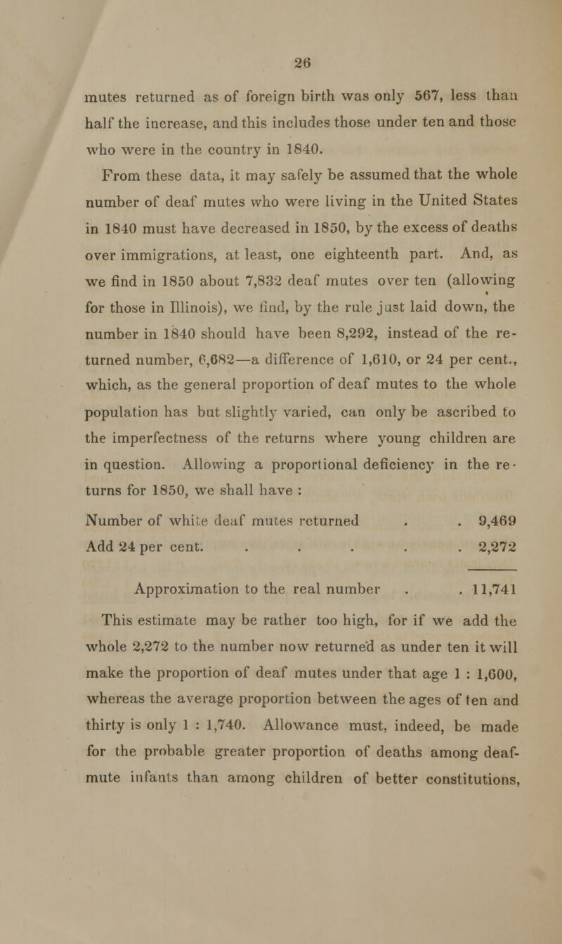 mutes returned as of foreign birth was only 567, less than half the increase, and this includes those under ten and those who were in the country in 1840. From these data, it may safely be assumed that the whole number of deaf mutes who were living in the United States in 1840 must have decreased in 1850, by the excess of deaths over immigrations, at least, one eighteenth part. And, as we find in 1850 about 7,832 deaf mutes over ten (allowing for those in Illinois), we find, by the rule just laid down, the number in 1840 should have been 8,292, instead of the re- turned number, 6,682—a difference of 1,610, or 24 per cent., which, as the general proportion of deaf mutes to the whole population has but slightly varied, can only be ascribed to the imperfectness of the returns where young children are in question. Allowing a proportional deficiency in the re- turns for 1850, we shall have : Number of white deaf mutes returned . . 9,469 Add 24 per cent. ..... 2,272 Approximation to the real number . . 11,741 This estimate may be rather too high, for if we add the whole 2,272 to the number now returne'd as under ten it will make the proportion of deaf mutes under that age 1 : 1,600, whereas the average proportion between the ages of ten and thirty is only 1 : 1,740. Allowance must, indeed, be made for the probable greater proportion of deaths among deaf- mute infants than among children of better constitutions,