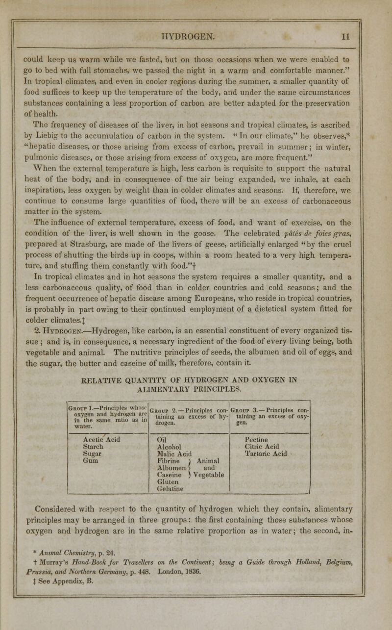 could keep us warm while we fasted, but on those occasions when we were enabled to go to bed with full stomachs, we passed the night in a warm and comfortable manner. In tropical climates, and even in cooler regions during the summer, a smaller quantity of food suffices to keep up the temperature of the body, and under the same circumstances substances containing a less proportion of carbon are better adapted for the preservation of health. The frequency of diseases of the liver, in hot seasons and tropical climates, is ascribed by Liebig to the accumulation of carbon in the system. In our climate, he observes,* hepatic diseases, or those arising from excess of carbon, prevail in summer; in winter, pulmonic diseases, or those arising from excess of oxygen, are more frequent. When the external temperature is high, less carbon is requisite to support the natural heat of the body, and in consequence of the air being expanded, we inhale, at each inspiration, less oxygen by weight than in colder climates and seasons. If, therefore, we continue to consume large quantities of food, there will be an excess of carbonaceous matter in the system. The influence of external temperature, excess of food, and want of exercise, on the condition of the liver, is well shown in the goose. The celebrated pales de, foies gras, prepared at Strasburg, are made of the livers of geese, artificially enlarged by the cruel process of shutting the birds up in coops, within a room heated to a very high tempera- ture, and stuffing them constantly with food.f In tropical climates and in hot seasons the system requires a smaller quantity, and a less carbonaceous quality, of food than in colder countries and cold seasons; and the frequent occurrence of hepatic disease among Europeans, who reside in tropical countries, is probably in part owing to their continued employment of a dietetical system fitted for colder climates.! 2. Hydrogen.—Hydrogen, like carbon, is an essential constituent of every organized tis- sue ; and is, in consequence, a necessary ingredient of the food of every living being, both vegetable and animal. The nutritive principles of seeds, the albumen and oil of eggs, and the sugar, the butter and caseine of milk, therefore, contain it. RELATIVE QUANTITY OF HYDROGEN AND OXYGEN IN ALIMENTARY PRINCIPLES. Group 1.—Principles whosr oxygen and hydrogen are in the same ratio as in water. Acetic Acid Starch Sugar Gum Group 2. — Principles con- taining an excess of hy- drogen. Oil Alcohol Malic Acid Fibrine l Animal Albumen [ and Caseine ) Vegetable Gluten Gelatine Group 3. — Principles con- taining an excess of oxy- gen. Pectine Citric Acid Tartaric Acid Considered with respect to the quantity of hydrogen which they contain, alimentary principles may be arranged in three groups: the first containing those substances whose oxygen and hydrogen are in the same relative proportion as in water; the second, in- * Animal Chemistry, p. 24. t Murray's Hand-Book for Travellers on the Continent; being a Guide through Holland, Belgium, Prussia, and Northern Germany, p. 448. London, 1836. t See Appendix, B.