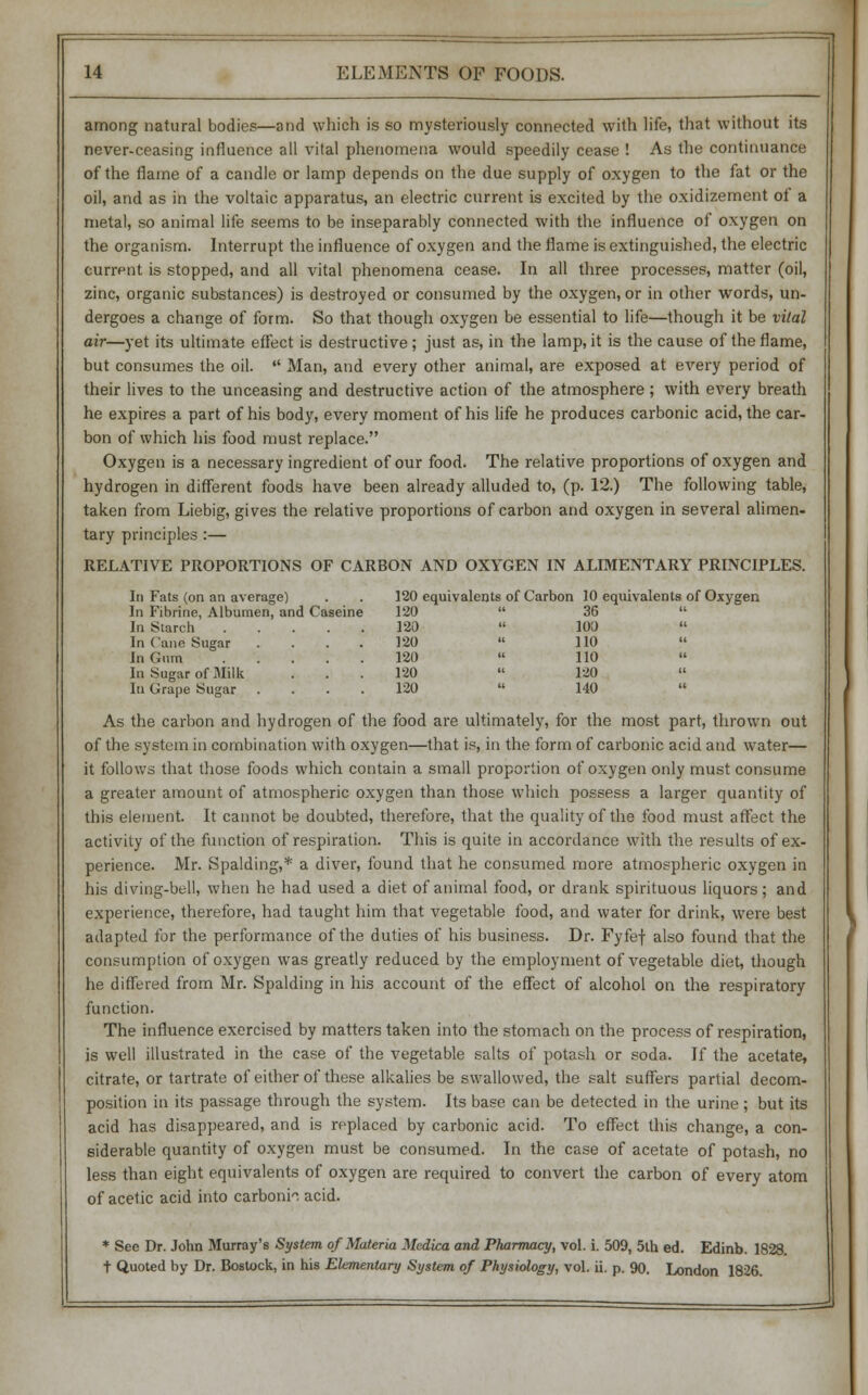 among natural bodies—and which is so mysteriously connected with life, that without its never-ceasing influence all vital phenomena would speedily cease ! As the continuance of the flame of a candle or lamp depends on the due supply of oxygen to the fat or the oil, and as in the voltaic apparatus, an electric current is excited by the oxidizement of a metal, so animal life seems to be inseparably connected with the influence of oxygen on the organism. Interrupt the influence of oxygen and the flame is extinguished, the electric current is stopped, and all vital phenomena cease. In all three processes, matter (oil, zinc, organic substances) is destroyed or consumed by the oxygen, or in other words, un- dergoes a change of form. So that though oxygen be essential to life—though it be vital air—yet its ultimate effect is destructive; just as, in the lamp, it is the cause of the flame, but consumes the oil. Man, and every other animal, are exposed at every period of their lives to the unceasing and destructive action of the atmosphere ; with every breath he expires a part of his body, every moment of his life he produces carbonic acid, the car- bon of which his food must replace. Oxygen is a necessary ingredient of our food. The relative proportions of oxygen and hydrogen in different foods have been already alluded to, (p. 12.) The following table, taken from Liebig, gives the relative proportions of carbon and oxygen in several alimen- tary principles :— RELATIVE PROPORTIONS OF CARBON AND OXYGEN IN ALIMENTARY PRINCIPLES. In Fats (on an average) . . 120 equivalents of Carbon 10 equivalents of Oxygen In Fibrine, Albumen, and Caseine 120 36 In Starch 120 100 In Cane Sugar .... 120 110 In Gum 120 110 In Sugar of Milk ... 120 120 In Grape Sugar .... 120 140 As the carbon and hydrogen of the food are ultimately, for the most part, thrown out of the system in combination with oxygen—that is, in the form of carbonic acid and water— it follows that those foods which contain a small proportion of oxygen only must consume a greater amount of atmospheric oxygen than those which possess a larger quantity of this element. It cannot be doubted, therefore, that the quality of the food must affect the activity of the function of respiration. This is quite in accordance with the results of ex- perience. Mr. Spalding,* a diver, found that he consumed more atmospheric oxygen in his diving-bell, when he had used a diet of animal food, or drank spirituous liquors; and experience, therefore, had taught him that vegetable food, and water for drink, were best adapted for the performance of the duties of his business. Dr. Fyfef also found that the consumption of oxygen was greatly reduced by the employment of vegetable diet, though he differed from Mr. Spalding in his account of the effect of alcohol on the respiratory function. The influence exercised by matters taken into the stomach on the process of respiration, is well illustrated in the case of the vegetable salts of potash or soda. If the acetate, citrate, or tartrate of either of these alkalies be swallowed, the salt suffers partial decom- position in its passage through the system. Its base can be detected in the urine ; but its acid has disappeared, and is replaced by carbonic acid. To effect this change, a con- siderable quantity of oxygen must be consumed. In the case of acetate of potash, no less than eight equivalents of oxygen are required to convert the carbon of every atom of acetic acid into carbonr. acid. * See Dr. John Murray's System of Materia Medica and Pharmacy, vol. i. 509, 5lh ed. Edinb. 1828. t Quoted by Dr. Boslock, in his Elementary System of Physiology, vol. ii. p. 90. London 1826.