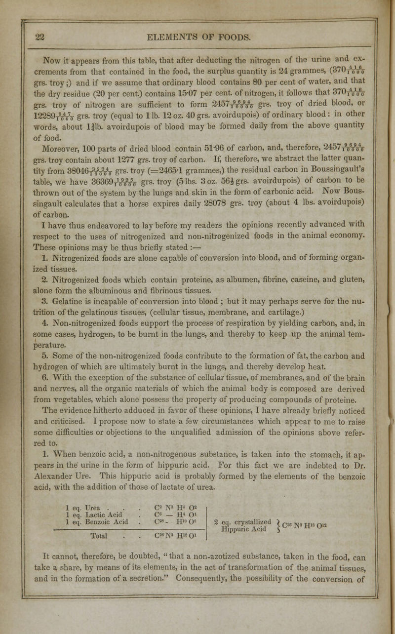 Now it appears from this table, that after deducting the nitrogen of the urine and ex- crements from that contained in the food, the surplus quantity is 24 grammes, (370TWo grs. troy;) and if we assume that ordinary blood contains 80 per cent of water, and that the dry residue (20 per cent.) contains 15-07 per cent, of nitrogen, it follows that 370TVA grs. troy of nitrogen are sufficient to form 2457TVo9oV grs. troy of dried blood, or 12289TVo7o grs. tr°y (equal to 1 lb. 12 oz. 40 grs. avoirdupois) of ordinary blood: in other words, about lflb. avoirdupois of blood may be formed daily from the above quantity of food. Moreover, 100 parts of dried blood contain 51-96 of carbon, and, therefore, 2457T9oVoV grs. troy contain about 1277 grs. troy of carbon. If, therefore, we abstract the latter quan- tity from 38046TWo4o grs- tr°y (=2465-1 grammes,) the residual carbon in Boussingault's table, we have 36369TVo2o5o grs. troy (5 lbs. 3oz. 56£grs. avoirdupois) of carbon to be thrown out of the system by the lungs and skin in the form of carbonic acid. Now Bous- singault calculates that a horse expires daily 28078 grs. troy (about 4 lbs. avoirdupois) of carbon. I have thus endeavored to lay before my readers the opinions recently advanced with respect to the uses of nitrogenized and non-nitrogenized foods in the animal economy. These opinions may be thus briefly stated :— 1. Nitrogenized foods are alone capable of conversion into blood, and of forming organ- ized tissues. 2. Nitrogenized foods which contain proteine, as albumen, fibrine, caseine, and gluten, alone form the albuminous and fibrinous tissues. 3. Gelatine is incapable of conversion into blood ; but it may perhaps serve for the nu- trition of the gelatinous tissues, (cellular tissue, membrane, and cartilage.) 4. Non-nitrogenized foods support the process of respiration by yielding carbon, and, in some cases, hydrogen, to be burnt in the lungs, and thereby to keep up the animal tem- perature. 5. Some of the non-nitrogenized foods contribute to the formation of fat, the carbon and hydrogen of which are ultimately burnt in the lungs, and thereby develop heat. 6. With the exception of the substance of cellular tissue, of membranes, and of the brain and nerves, all the organic materials of which the animal body is composed are derived from vegetables, which alone possess the property of producing compounds of proteine. The evidence hitherto adduced in favor of these opinions, I have already briefly noticed and criticised. I propose now to state a few circumstances which appear to me to raise some difficulties or objections to the unqualified admission of the opinions above refer- red to. 1. When benzoic acid, a non-nitrogenous substance, is taken into the stomach, it ap- pears in the urine in the form of hippuric acid. For this fact we are indebted to Dr. Alexander Ure. This hippuric acid is probably formed by the elements of the benzoic acid, with the addition of those of lactate of urea. 1 eq. Urea . 1 eq. Lactic Acid 1 eq. Benzoic Acid Total C2 N2 H4 0« C« - H< O' Csa. H10 O8 C36N1 H^O1 2 eq. crystallized > C36 N, Hie Hippuric Acid $  ^ It cannot, therefore, be doubted,  that a non-azotized substance, taken in the food, can take a share, by means of its elements, in the act of transformation of the animal tissues, and in the formation of a secretion. Consequently, the possibility of the conversion of