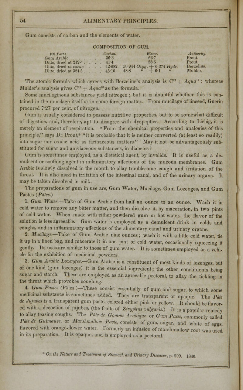 Gum consists of carbon and the elements of water. COMPOSITION OF GUM. 1(H) Parts Carbon. Watrr. Authority. Gum Arabic 363 63 7 Prout. Ditto, dried at 212° .... 414 586 Prout. Ditto, dried in vacuo . . . 42-632 50944 Oxyg. + 6-374 Hydr. Berzelius. Ditto, dried at 321.5. . . . 45-10 438  +6-1  Mulder. The atomic formula which agrees with Berzelius's analysis is C12 -f Aqua11 : whereas Mulder's analysis gives C12 + Aqua10 as the formula. Some mucilaginous substances yield nitrogen ; but it is doubtful whether this is con- tained in the mucilage itself or in some foreign matter. From mucilage of linseed, Guerin procured 7-27 per cent, of nitrogen. Gum is usually considered to possess nutritive properties, but to be somewhat difficult of digestion, and, therefore, apt to disagree with dyspeptics. According to Liebig, it is merely an element of respiration.  From the chemical properties and analogies of this principle, says Dr. Prout,* it is probable that it is neither converted (at least so readily) into sugar nor oxalic acid as farinaceous matters. May it not be advantageously sub- stituted for sugar and amylaceous substances, in diabetes 1 Gum is sometimes employed, as a dietetical agent, by invalids. It is useful as a de- mulcent or soothing agent in inflammatory affections of the mucous membranes. Gum Arabic is slowly dissolved in the mouth to allay troublesome cough and irritation of the throat. It is also used in irritation of the intestinal canal, and of the urinary organs. It may be taken dissolved in milk. The preparations of gum in use are, Gum Water, Mucilage, Gum Lozenges, and Gum Pastes (Pates.) 1. Gum Water.—Take of Gum Arabic from half an ounce to an ounce. Wash it in cold water to remove any bitter matter, and then dissolve it, by maceration, in two pints of cold water. When made with either powdered gum or hot water, the flavor of the solution is less agreeable. Gum water is employed as a demulcent drink in colds and coughs, and in inflammatory affections of the alimentary canal and urinary organs. 2. Mucilage.—Take of Gum Arabic nine ounces ; wash it with a little cold water, tie it up in a linen bag, and macerate it in one pint of cold water, occasionally squeezing it gently. Its uses are similar to those of gum water. It is sometimes employed as a vehi- cle for the exhibition of medicinal powders. 3. Gum Arabic Lozenges.—Gum Arabic is a constituent of most kinds of lozenges, but of one kind (gum lozenges) it is the essential ingredient; the other constituents being sugar and starch. These are employed as an agreeable pectoral, to allay the tickling in the throat which provokes coughing. 4. Gum Pastes (Pates.)—These consist essentially of gum and sugar, to which some medicinal substance is sometimes added. They are transparent or opaque. The Pate de Jujubes is a transparent gum paste, colored either pink or yellow. It should be flavor- ed with a decoction of jujubes, (the fruits of Zizijphus vulgaris.) It is a popular remedy to allay teasing coughs. The Pate de Gomme Arabique or Gum Paste, commonly called Pate de Guimauve, or Marsh-mallow Paste, consists of gum, sugar, and white of eggs, flavored with orange-flower water. Formerly an infusion of marshmallow root was used in its preparation. It is opaque, and is employed as a pectoral. On the Nature and Treatment of Stomach and Urinary Diseases, p. 299. 1840.