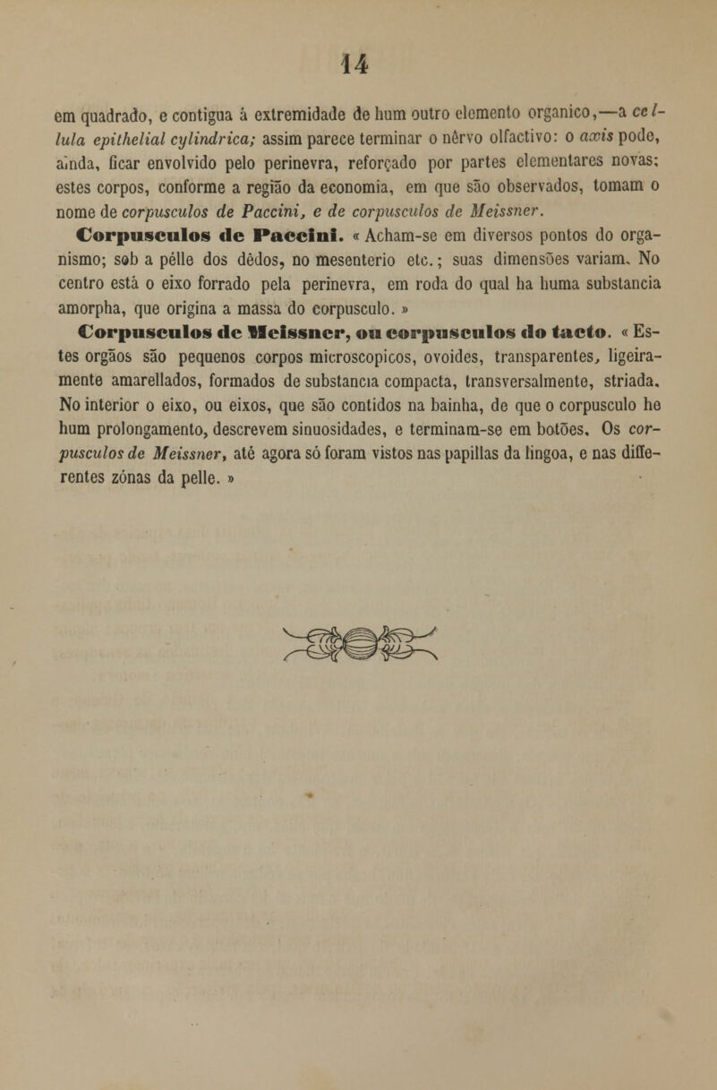 em quadrado, e contigua á extremidade de hum outro elemento orgânico,—a ccl- lula epithelial cylindrica; assim parece terminar o nervo olfactivo: o axis pode, ainda. Cear envolvido pelo perinevra, reforçado por partes elementares novas; estes corpos, conforme a região da economia, em que são observados, tomam o nome de corpúsculos de Paccini, e de corpúsculos de Meissner. Corpúsculos de Paccini. «Acham-se em diversos pontos do orga- nismo; sob a pélle dos dedos, no mesenterio etc.; suas dimensões variam. No centro está o eixo forrado pela perinevra, em roda do qual ha huma substancia amorpha, que origina a massa do corpúsculo. » Corpúsculos de Meissner, ou corpúsculos do tacto. «Es- tes órgãos são pequenos corpos microscópicos, ovóides, transparentes, ligeira- mente amarellados, formados de substancia compacta, transversalmente, striada. No interior o eixo, ou eixos, que são contidos na bainha, de que o corpúsculo he hum prolongamento, descrevem sinuosidades, e terminam-se em botões. Os cor- púsculos de Meissner, até agora só foram vistos nas papillas da lingoa, e nas difle- rentes zonas da pelle. »