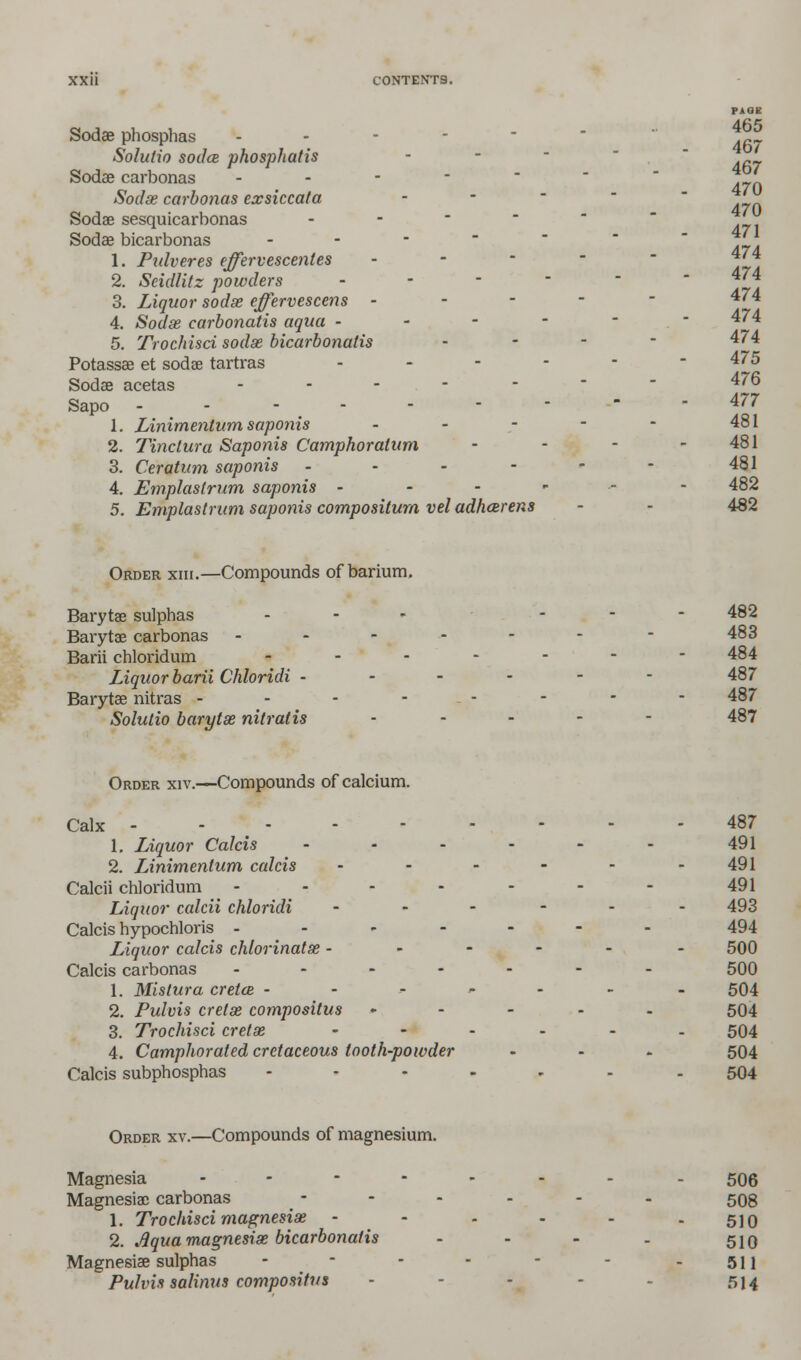 Sodae phosphas PASS 465 Solutio sodce phosphatis - Sodae carbonas - ^ Sodas carbonas exsiccata - zisi 470 471 474 Sodae sesquicarbonas - Sodae bicarbonas - 1. Pulveres effervescentes -.--•■ 2. Seidlitz powders ----- 474 3. Liquor sodae effervescens ----- 474 4. Sodae carbonatis aqua - - - - .  474 5. Trochisci sodae bicarbonatis ... - 474 Potassae et sodae tartras ------ 475 Sodae acetas ----- 4/o Sapo - - - 477 1. Linimentum saponis - - - - - 481 2. Tinctura Saponis Camphoralum - - - - 481 3. Ceratum saponis - - - - - - 481 4. Emplaslrum saponis ------ 482 5. Emplaslrum saponis compositum vel adhcerens - - 482 Order xiii.—Compounds of barium. Barytae sulphas - ... 482 Barytas carbonas - - - - - - - 483 Barii chloridum - - - - - - - 484 Liquor barii Chloridi ------ 487 Barytae nitras -------- 487 Solutio barytae nitralis ----- 487 Order xiv.—Compounds of calcium. Calx - ; 487 1. Liquor Calcis - - - - - - 491 2. Linimentum calcis - - - - - - 491 Calcii chloridum ------- 491 Liquor calcii chloridi ------ 493 Calcis hypochloris ------- 494 Liquor calcis chlorinatse ------ 500 Calcis carbonas ------- 500 1. Mistura cretce ------- 504 2. Pulvis cretae compositus ----- 504 3. Trochisci cretae --.... 504 4. Camphorated cretaceous tooth-powder - 504 Calcis subphosphas ------- 504 Order xv.—Compounds of magnesium. Magnesia -------- 595 Magnesiac carbonas - - - - - - 508 1. Trochisci magnesias - - - - - - 510 2. Aqua magnesias bicarbonatis - - - . 510 Magnesiae sulphas - - - - - - - 511 Pulvis salinus compositus - - - - - 514