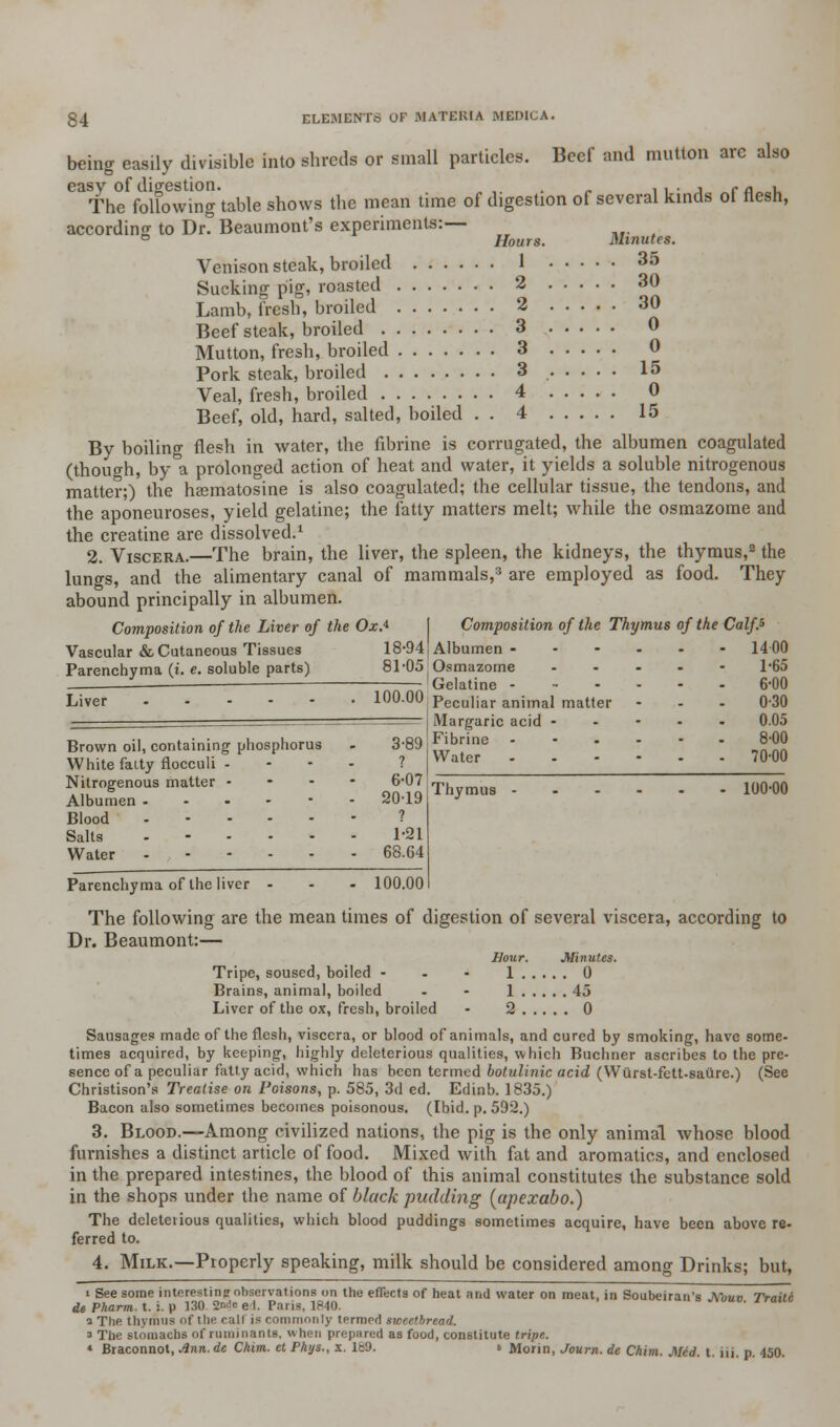 Minutes. . 35 . 30 . 30 0 . 0 being easily divisible into shreds or small particles. Beef and mutton arc also eaThe folfowing'table shows the mean time of digestion of several kinds of flesh, according to Dr. Beaumont's experiments:— ° Hours. Venison steak, broiled 1 Sucking pig, roasted 2 Lamb, fresh, broiled 2 Beefsteak, broiled 3 Mutton, fresh, broiled 3 Pork steak, broiled 3 15 Veal, fresh, broiled 4 0 Beef, old, hard, salted, boiled . . 4 15 By boiling flesh in water, the fibrine is corrugated, the albumen coagulated (though, by°a prolonged action of heat and water, it yields a soluble nitrogenous matter;) the haamatosine is also coagulated; the cellular tissue, the tendons, and the aponeuroses, yield gelatine; the fatty matters melt; while the osmazome and the creatine are dissolved.1 2. Viscera.—The brain, the liver, the spleen, the kidneys, the thymus,3 the lungs, and the alimentary canal of mammals,3 are employed as food. They abound principally in albumen. Composition of the Liver of the Ox.* Composition of the Thymus of the Calf? Vascular & Cutaneous Tissues 18-941 Albumen Parenchyma (i. e. soluble parts) Liver Brown oil, containing phosphorus White faity flocculi - Nitrogenous matter • Albumen - Blood ..... Salts ..... Water - 81 05 Osmazome ———-'Gelatine - 100.00 Peculiar animal matter ^=^ Margaric acid - Fibrine - Water . . - 3-89 6-07 20-19 ? 1-21 68.64 Parenchyma of the liver 100.00 Thymus 1-65 6-00 030 0.05 8-00 70-00 100-00 The following are the mean times of digestion of several viscera, according to Dr. Beaumont:— Hour. Minutes. Tripe, soused, boiled - - - 1 0 Brains, animal, boiled - - 1 45 Liver of the ox, fresh, broiled - 2 0 Sausages made of the flesh, viscera, or blood of animals, and cured by smoking, have some- times acquired, by keeping, highly deleterious qualities, which Buchner ascribes to the pre- sence of a peculiar fatty acid, which has been termed botulinic acid (Wiirst-fett-saure.) (See Christison's Treatise on Poisons, p. 585, 3d ed. Edinb. 1835.) Bacon also sometimes becomes poisonous. (Ibid. p. 592.) 3. Blood.—Among civilized nations, the pig is the only animal whose blood furnishes a distinct article of food. Mixed with fat and aromatics, and enclosed in the prepared intestines, the blood of this animal constitutes the substance sold in the shops under the name of black pudding (upexabo.) The dcleteiious qualities, which blood puddings sometimes acquire, have been above re- ferred to. 4. Milk.—Properly speaking, milk should be considered among Drinks; but, i See some interestin observations on the effects of heat and water on meat, in Soubeiran'a JVouv Traitc de Pliarm. t. i. p 130 2n<!e e I. Paris, 1840. a The thymus of ttie calf is commonly termed sweetbread. a The stomachs of ruminants, when prepared as food, constitute tripe. * Braconnot, Jinn.de Chim. et Phys., x. le'J. «. Morin, Journ. de Chim. Med. t. iii. p. 450.