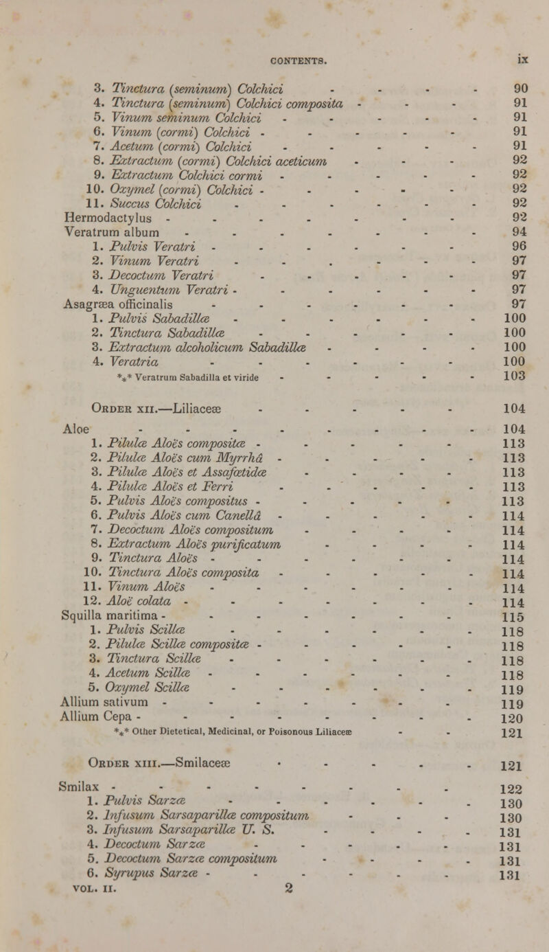 3. Tinctura {seminum) Colchici 4. Tinctura {seminum) Colchici composite, 5. Vinum seminum Colchici 6. Vinum {cormi) Colchici - 7. Acetum {cormi) Colchici 8. Extractum {cormi) Colchici aceticum 9. Extr actum Colchici cormi 10. Oxymel {cormi) Colchici • 11. Succus Colchici Hermodactylus - Veratrum album 1. Pulvis Veratri 2. Vinum Veratri 3. Decoctum Veratri 4. Unguentum Veratri - Asagraea officinalis 1. Pulvis Sabadilles 2. Tinctura SabadillcB 3. Extractum alcoholicum SabadillcB 4. Veratria *** Veratrum Sabadilla et viride Order xii.—Liliacese Aloe .... 1. Pilules Aloes compositce - 2. Pilulce Aloes cum Myrrhd • 3. Pilules Aloe's et Assafatides 4. Pilules Aloes et Ferri 5. Pulvis Aloes compositus - 6. Pulvis Aloe's cum Canelld 7. Decoctum Aloes compositum 8. Extractum Aloes purificatum 9. Tinctura Aloe's • 10. Tinctura Aloe's composita 11. Vinum Aloes 12. Aloe colata ... Squilla maritima... 1. Pulvis Scillcs 2. Pilulce Scillcs composites - 3. Tinctura Scillcs 4. Acetum Scillcs 5. Oxymel Scillcs Allium sativum - Allium Cepa - *** Other Dietetical, Medicinal, or Poisonous Liliacete Order xiii. Smilax - -Smilacese 1. Pulvis Sarzcs 2. lnfusum Sarsaparillcs compositum 3. lnfusum Sarsaparillcs U. S. 4. Decoctum Sarzcs 5. Decoctum Sarzcs compositum 6. Syrupus Sarzce - VOL. II. 2 121 122 130 130 131 131 131 131