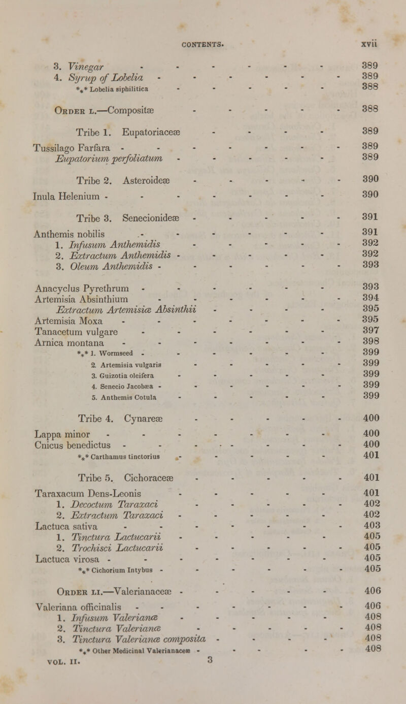 3. Vinegar 4. Syrup of Lobelia *„* Lobelia siphilitica Order l.—Compositse Tribe 1. Eupatoriacese Tussilago Farfara - Eupatorium perfoliatum Tribe 2. Asteroidese Inula Helenium - Tribe 3. Senecionidege Anthemis nobilis 1. Infusum Anihemidis 2. Fair actum Anihemidis - 3. Oleum Anihemidis - Anacyclus Pyrethrum Artemisia Absinthium Eztractum Artemisia Absinthii Artemisia Moxa Tanacetum vulgare Arnica montana *** 1. Wormseed . 2. Artemisia vulgaris 3. Guizotia oleifera 4. Senecio Jacobaea - 5. Anthemis Cotula Tribe 4. Cynareae Lappa minor - Cnicus benedictus *** Carthamus tinctorius Tribe 5. Cichoracese Taraxacum Dens-Leonis 1. Decoctum Taraxaci 2. Eztractum Taraxaci Lactuca sativa 1. Tinctura Lactucarii 2. Trochisci Lactucarii Lactuca virosa - *** Cichorium Intybus - Order li.—Valerianaceae - Valeriana officinalis 1. Infusum Valeriana 2. Tinctura Valeriance 3. Tinctura Valeriance composita *«* Other Medicinal Valerianacea - VOL. II. 3 389 389 388 388 389 389 389 390 390 391 391 392 392 393 393 394 395 395 397 398 399 399 399 399 399 400 400 400 401 401 401 402 402 403 405 405 405 405 406 406 408 408 408 408