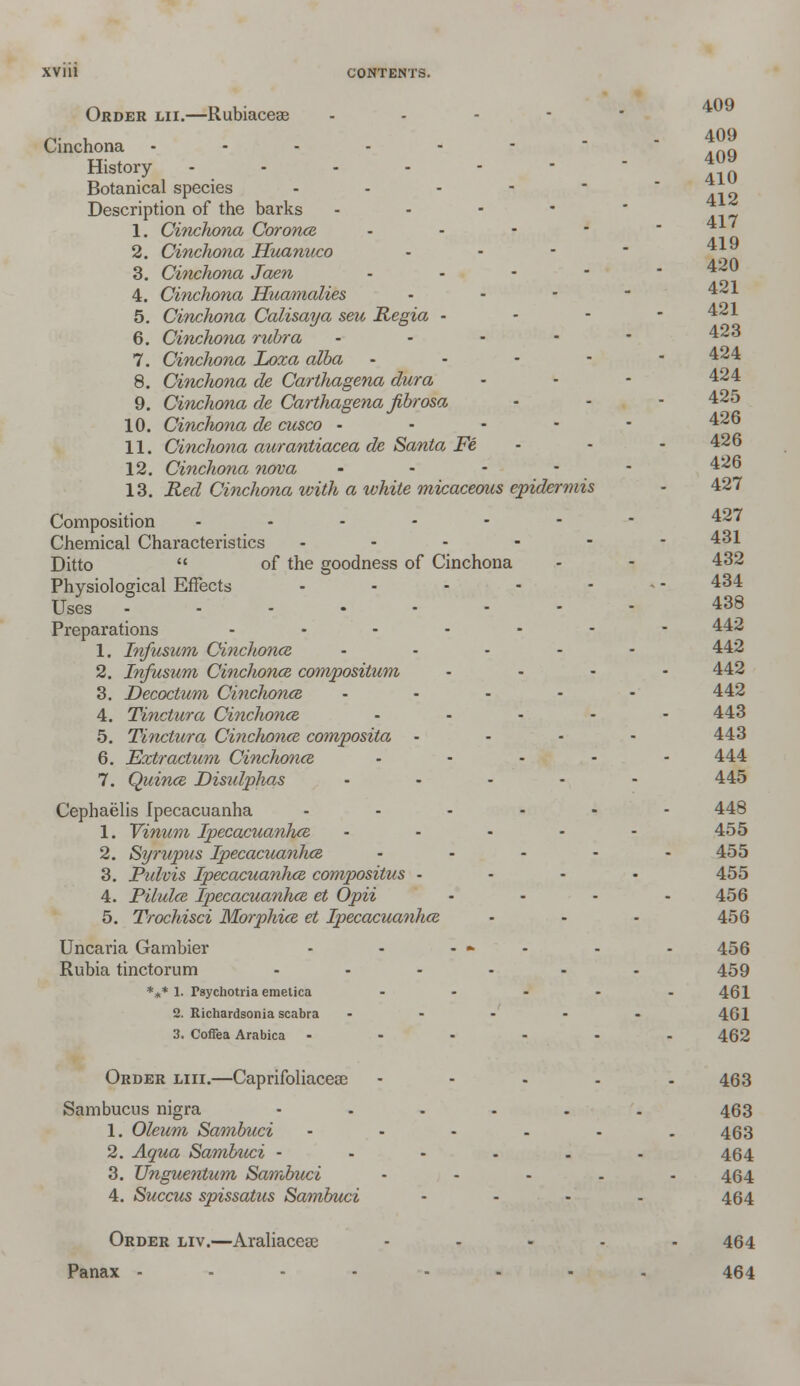 Order lii.—Rubiacese - Cinchona . History- - Botanical species - Description of the barks - 1. Cinchona Cor once, - 2. Cinchona Huanuco . 3. Cinchona Jaen - 4. Cinchona Huamalies - 5. Cinchona Calisaya sen - Regia - 6. Cinchona rubra - 7. Cinclwna Loza alba - 8. Cinchona de Carthagena dura 9. Cinchona de Carthagena fibrosa 10. Cinchona de cusco • 11. Cinchona aurantiacea de Santa Fe 12. Cinchona nova 13. Red Cinchona with a white micaceous epidermis Composition ------ Chemical Characteristics Ditto  of the goodness of Cinchona Physiological Effects Uses .... Preparations 1. Infusum Cinchonce 2. Infusum Cinchonce compositum 3. Decoctum Cinclionce 4. Tinctura Cinchonce 5. Tinctura Cinchonce composita 6. Extractum Cinchonce 7. Quince Disidplias Cephaelis Ipecacuanha 1. Vinum Ipecacuanhce 2. Syrupus Ipecacuanhce 3. Pulvis Ipecacuanhce compositus 4. Pilulce Ipecacuanhce et Opii 5. Trochisci Morphice et Ipecacuanhce Uncaria Gambier Rubia tinctorum *** 1. Psychotria emetica 2. Richardsonia scabra 3. Coffea Arabica Order liii.—Caprifoliacese Sambucus nigra 1. Oleum Sambuci 2. Aqua Sambuci - 3. Unguentum Sambuci 4. Succus spissatus Sambuci Order liv.—Araliacese Panax - - - - - 409 409 409 410 412 417 419 420 421 421 423 424 424 425 426 426 426 427 427 431 432 434 438 442 442 442 442 443 443 444 445 448 455 455 455 456 456 456 459 461 461 462 463 463 463 464 464 464 464 464