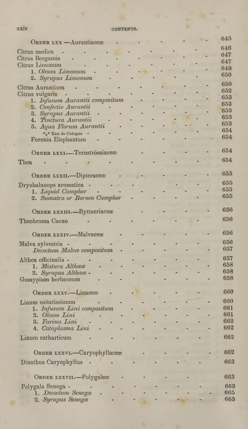 Order lxx —Aurantiacese Citrus medica Citrus Bergamia Citrus Limonum 1. Oleum Limonum 2. Syrupus Limonum Citrus Aurantium ... Citrus vulgaris ... 1. Infusum, Aurantii compositum 2. Confectio Aurantii 3. Syrupus Aurantii 4. Tinctura Aurantii 5. Aqua FLorum Aurantii *** Eau de Cologne - Feronia Elephantum Order lxxi—Ternstromiaceae Thea .... Order lxxii.—Dipteracea? Dryobalanops aromatica - 1. Liquid Camplwr 2. Sumatra or Borneo Camphor Order lxxiii.—Byttneriaceae Theobroma Cacao Order lxxiv.—Malvaceae Malva sylvestris - Decoctum, Malvce compositum Althea officinalis - 1. Mistura Althcece 2. Syrupus Aliluece, - Gossypium herbaceum Order lxxv.—Linaceae Linum usitatissimum 1. Infusum Lini compositum 2. Oleum Lini 3. Farina Lini 4. Cataplasma Lini Linum catharticum 645 646 647 647 649 650 650 652 653 653 653 653 653 654 654 654 654 655 655 655 655 656 656 656 656 657 657 658 658 658 660 660 661 661 662 662 662 Order lxxvi.—Caryophyllaceae Dianthus Caryophyllus - 662 663 Order lxxvii.—Polygaleae Polygala Senega - 1. Decoctum Senega 2. Syrupus Senegce. 663 663 665 665