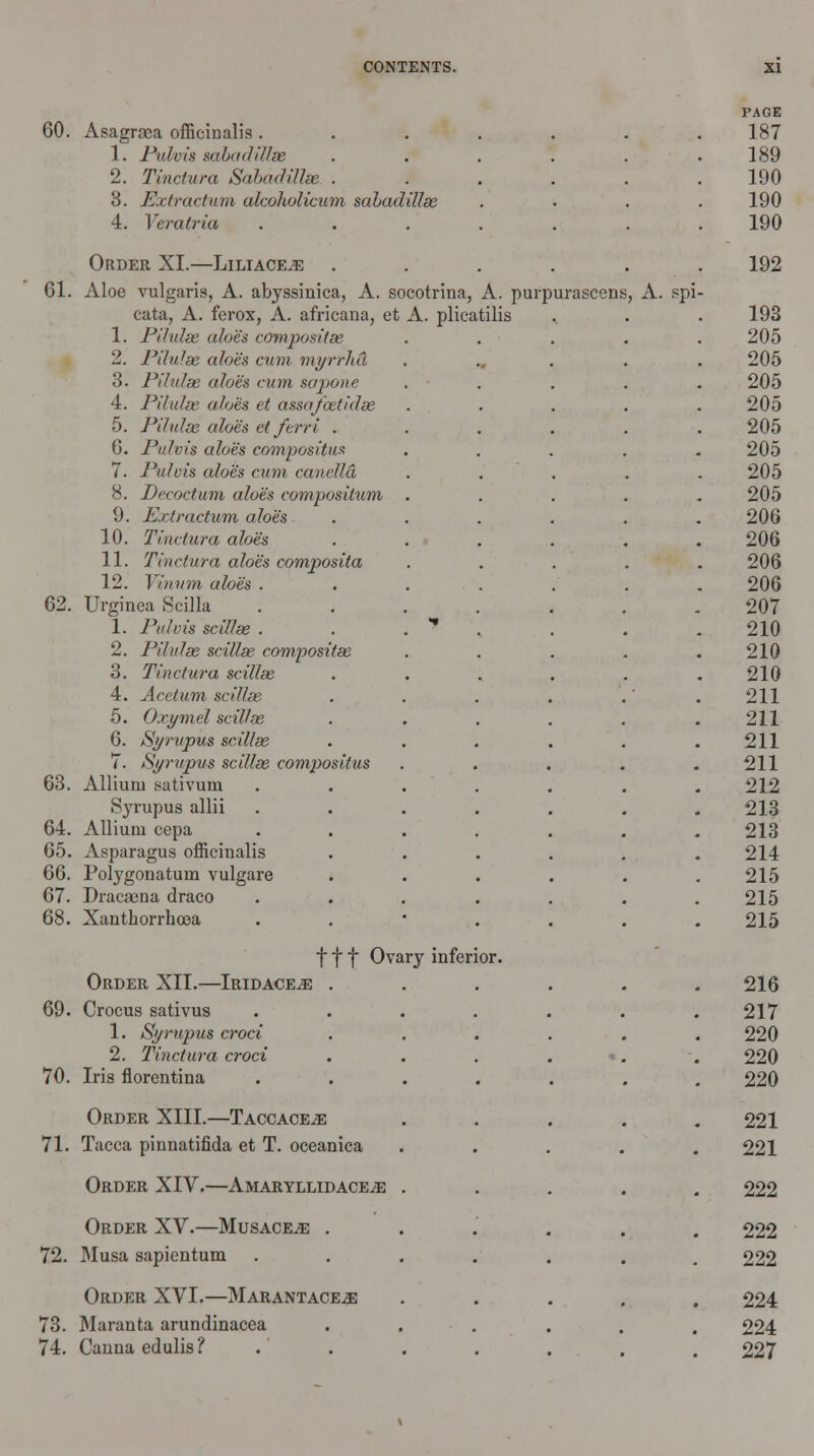 60. Asagraea officinalis . 1. Puli-is sabadillse 2. Tinctura Sabadillse . 3. Extractwm alcohol mini sabadillse 4. Veratria Order XI.—Liliace^e 61. Aloe vulgaris, A. abyssinica, A. socotrina, A. purpurascens cata, A. ferox, A. africana, et A. plicatilis 1. Pilufce (t/oes compositae 2. PiluJse aloes cum myrrJtd 3. Pilulse aloes cum sapone 4. Pilulse aloes ct assa/cetidse 5. Pilulse aloes et ferri . G. Pulvis aloe's compositus 7. Pulvis aloes cum candid 8. Decoctum aloes compositum 9. Extractum aloes 10. Tinctura aloes 11. Tinctura aloes composita 12. Yiuum aloes . 62. Urginea Scilla 1. Pulvis scillee . 2. Pilulse scillse. compositae 3. Tinctura scillse 4. Acetum scillse 5. Oxymel scillse 6. Syrvpus scillse 7. Syrvpus scillse eomx>ositus 63. Allium sativum Byrupus allii 64. Allium cepa 65. Asparagus officinalis 66. Polygonatum vulgare 67. Dracaena draco 68. Xanthorrhoea Order XII.—Iridace^e f f f Ovary infer 69. Crocus sativus 1. Syrupus croci 2. Tinctura croci 70. Iris florentina Order XIII.—TAccACEiE 71. Tacca pinnatifida et T. oceanica Order XIV.—Amaryllidace^; Order XV.—Musace.^ . 72. Musa sapientum Order XVI.—Marantace.e 73. Maranta arundinacea 74. Canna edulis?