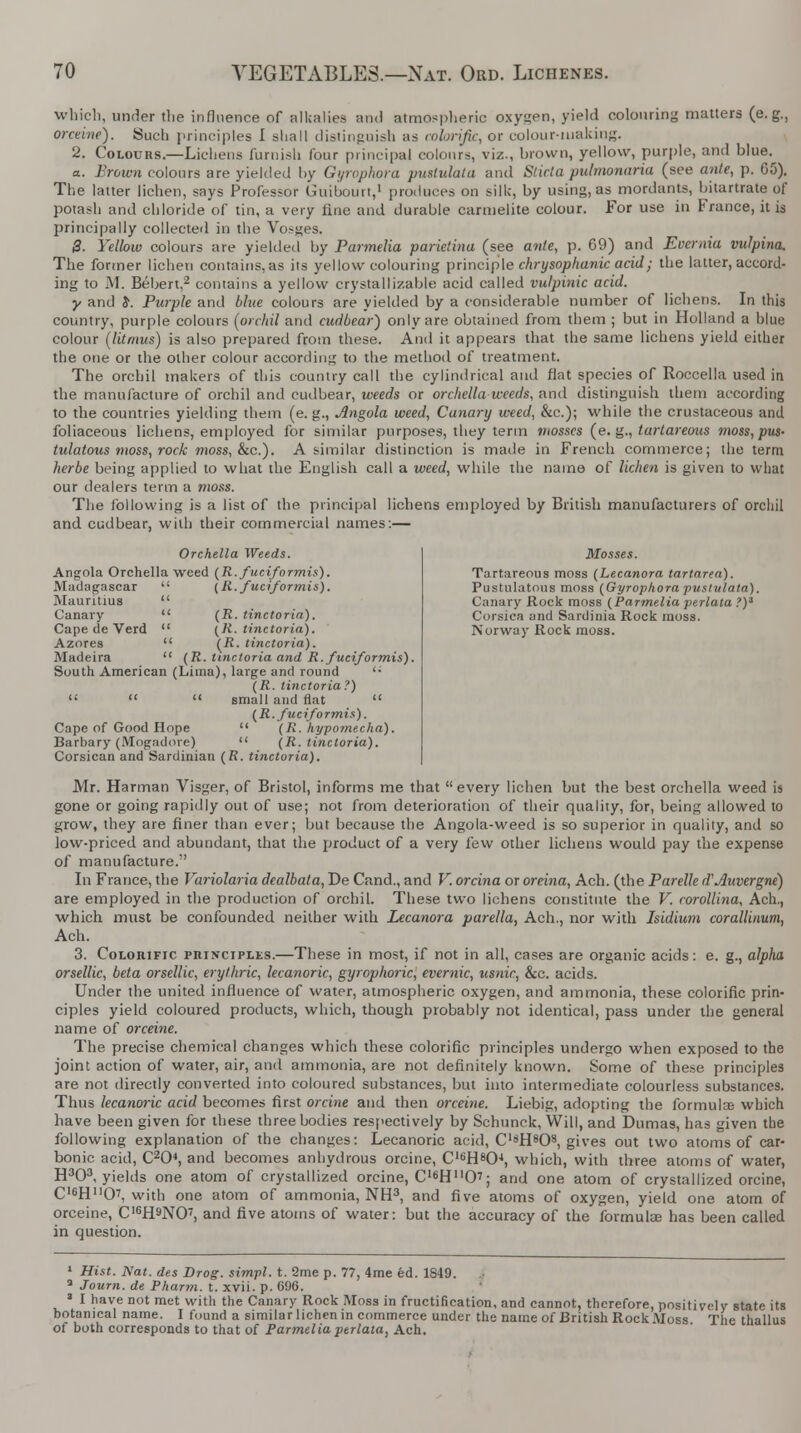 which, under the influence of alkalies and atmospheric oxygen, yield colouring matters (e.g., orceine). Such principles I shall distinguish as colorific, or colour-making. 2. Colours.—Lichens furnish four principal colours, viz., brown, yellow, purple, and blue. a. Brown colours are yielded by Gyrophora pustulata and Sticta pulmonaria (see ante, p. G5). The latter lichen, says Professor Guibourt,1 produces on silk, by using, as mordants, bitartrate of potash and chloride of tin, a very fine and durable Carmelite colour. For use in France, it is principally collected in the Vosges. 3- Yellow colours are yielded by Parmelia parielinu (see ante, p. 69) and Evernia vulpina. The former lichen contains, as its yellow colouring principle chrysophanic acid; the latter, accord- ing to M. Bebert.2 contains a yellow crystallizable acid called vulpinic acid. y and J. Purple and blue colours are yielded by a considerable number of lichens. In this country, purple colours (orchil and cudbear) only are obtained from them ; but in Holland a blue colour (litmus) is also prepared from these. And it appears that the same lichens yield either the one or the other colour according to the method of treatment. The orchil makers of this country call the cylindrical and flat species of Roccella used in the manufacture of orchil and cudbear, weeds or orchella weeds, and distinguish them according to the countries yielding them (e. g., Angola weed, Canary weed, &c); while the crustaceous and foliaceous lichens, employed for similar purposes, they term mosses (e. g., tartareous moss, pus- tulatous moss, rock moss, &c). A similar distinction is made in French commerce; the term herbe being applied to what the English call a weed, while the name of lichen is given to what our dealers term a moss. The following is a list of the principal lichens employed by British manufacturers of orchil and cudbear, with their commercial names:— Orchella Weeds. Angola Orchella weed (R.fuciformis). (R.fuc iformis). Madagascar Mauritius Canary Cape de Verd Azores Madeira Mosses. Tartareous moss (Lecanora tartarea). Pustulatous moss (Gyrophora pustulata). Canary Rock moss (Parmelia perlata ?)3 Corsica and Sardinia Rock moss. Norway Rock moss. (R. tinctoria). (R. tinctoria). (R. tinctoria). (R. tinctoria and R. fuciformis). South American (Lima), large and round '• (K. tinctoria?)    small and flat  (R. fuciformis). Cape of Good Hope  (R. hypomecha). Barbary (Mogadore)  (R. tinctoria). Corsican and Sardinian (R. tinctoria). Mr. Harman Visger, of Bristol, informs me that every lichen but the best orchella weed is gone or going rapidly out of use; not from deterioration of their quality, for, being allowed to grow, they are finer than ever; but because the Angola-weed is so superior in quality, and so low-priced and abundant, that the product of a very few other lichens would pay the expense of manufacture. In France, the Variolaria dealbata, De Cand., and V. orcina or oreina, Ach. (the Parelle d'Auvergne) are employed in the production of orchil. These two lichens constitute the V. corollina, Ach., which must be confounded neither with Lecanora parella, Ach., nor with Isidium corallinum, Ach. 3. Colorific principles.—These in most, if not in all, cases are organic acids: e. g., alpha orsellic, beta orsellic, erylhric, lecanoric, gyrophoric, evernic, usnic, &c. acids. Under the united influence of water, atmospheric oxygen, and ammonia, these colorific prin- ciples yield coloured products, which, though probably not identical, pass under the general name of orceine. The precise chemical changes which these colorific principles undergo when exposed to the joint action of water, air, and ammonia, are not definitely known. Some of the^e principles are not directly converted into coloured substances, but into intermediate colourless substances. Thus lecanoric acid becomes first orcine and then orceine. Liebig, adopting the formulae which have been given for these three bodies respectively by Schunck, Will, and Dumas, has given the following explanation of the changes: Lecanoric acid, C'8H808, gives out two atoms of car- bonic acid, C204, and becomes anhydrous orcine, C16H80», which, with three atoms of water, H303, yields one atom of crystallized orcine, C16H0'; and one atom of crystallized orcine, C16H07, with one atom of ammonia, NH3, and five atoms of oxygen, yield one atom of orceine, C16H9N07, and five atoms of water: but the accuracy of the formula? has been called in question. 1 Hist. Nat. des Drog. simpl. t. 2me p. 77, 4me ed. 1849. 3 Journ. de Pharm. t. xvii. p. 696. * I have not met with the Canary Rock Moss in fructification, and cannot, therefore, positively state its botanical name. I found a similar lichen in commerce under the name of British Rock Moss The thallus of both corresponds to that of Parmelia perlata, Ach.