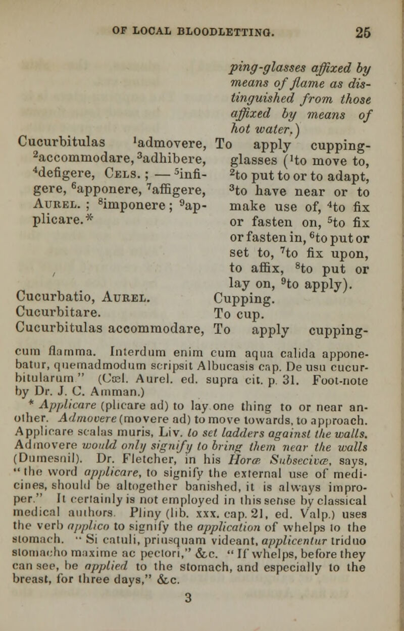 ping-glasses affixed by means of flame as dis- tinguished from those affixed by means of hot water.) Cucurbitulas 'admovere, To apply cupping- 2accommodare,3adhibere, glasses ('to move to, defigere, Cels. ; — 5infi- 2to put to or to adapt, gere, 6apponere, 7affigere, 3to have near or to Aurel. ; 8imponere; 9ap- make use of, 4to fix plicare.* or fasten on, 5to fix or fasten in, 6to put or set to, 7to fix upon, to affix, 8to put or lay on, 9to apply). Cucurbatio, Aurel. Cupping. Cucurbitare. To cup. Cucurbitulas accommodare, To apply cupping- cum flarnma. Interdum enim cum aqua calida appone- batnr, qnemadmodum scripsit Albncasis cap. De usu cucur- bitularum (Casl. Aurel. ed. supra cit. p. 31. Foot-note by Dr. J. C. Amman.) * Applicare (plicare ad) to lay one thing to or near an- other. Admovere (movere ad) to move towards, to approach. Applifare scalas muris, Liv. to set ladders against the walls. Admovere would only signify to bring them near the walls (Dumesnil). Dr. Fletcher, in his Hora>. Subseciva>, says. the word applicare, to signify the external use of medi- cines, should be altogether banished.it is always impro- per. It certainly is not employed in this sense by classical medical authors. Pliny (lib. xxx. cap. 21, ed. Valp.) uses the verb applico to signify the application of whelps to the stomach. •• Si catuli, priusquam videant. applkentur triduo Blomacho maxime ac peciori, &c.  If whelps, before they can see, be applied to the stomach, and especially to the breast, for three days, &c.